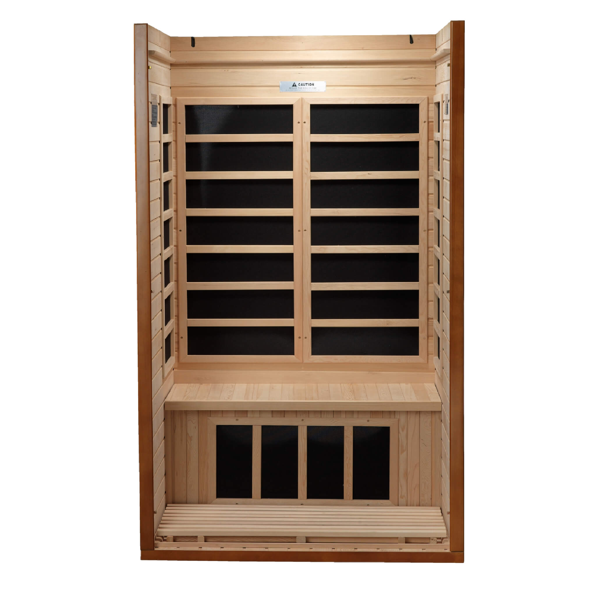 Dynamic Barcelona infrared sauna interior with low EMF far infrared heating panels and bench seating