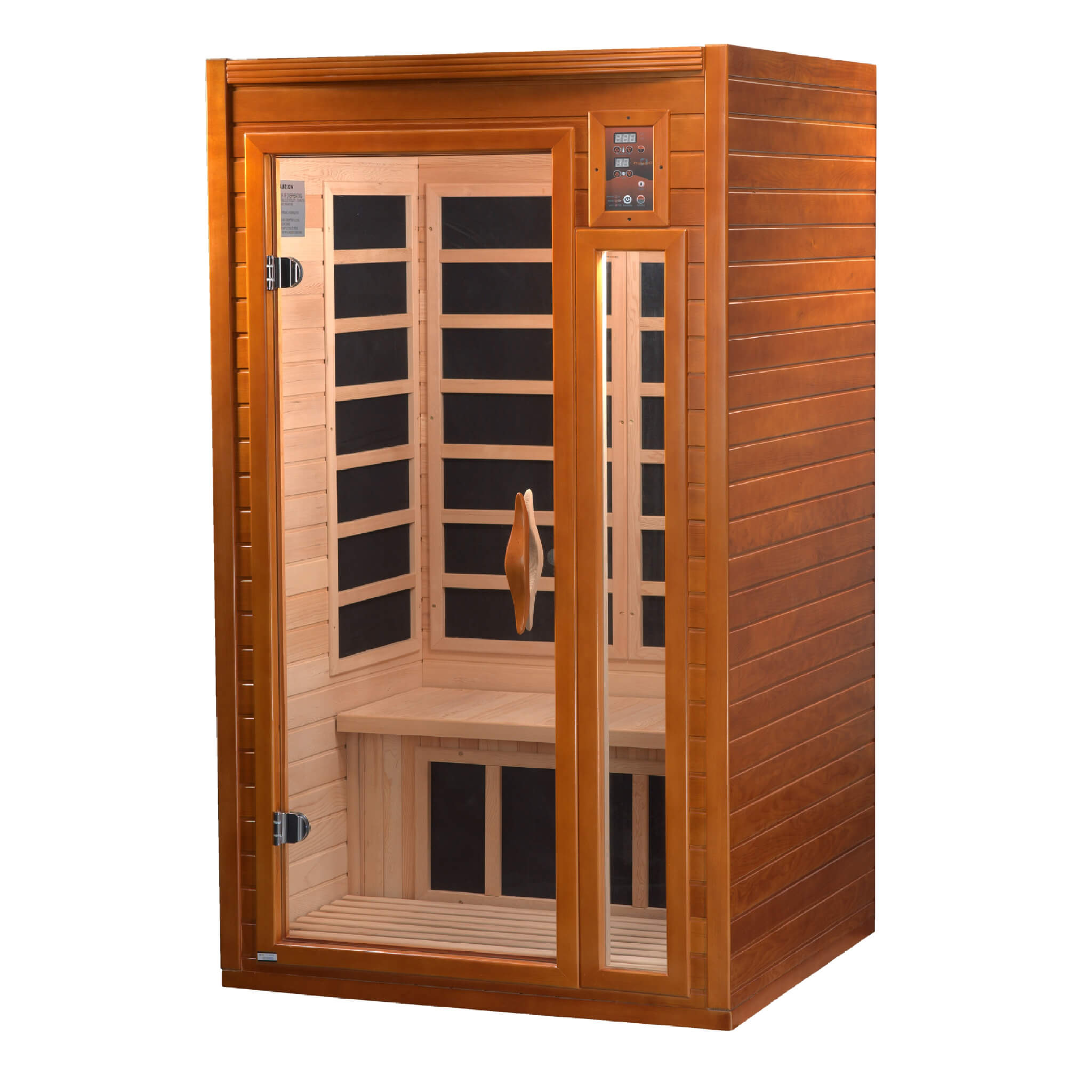 Dynamic Barcelona low EMF infrared sauna angled exterior view showing compact indoor design