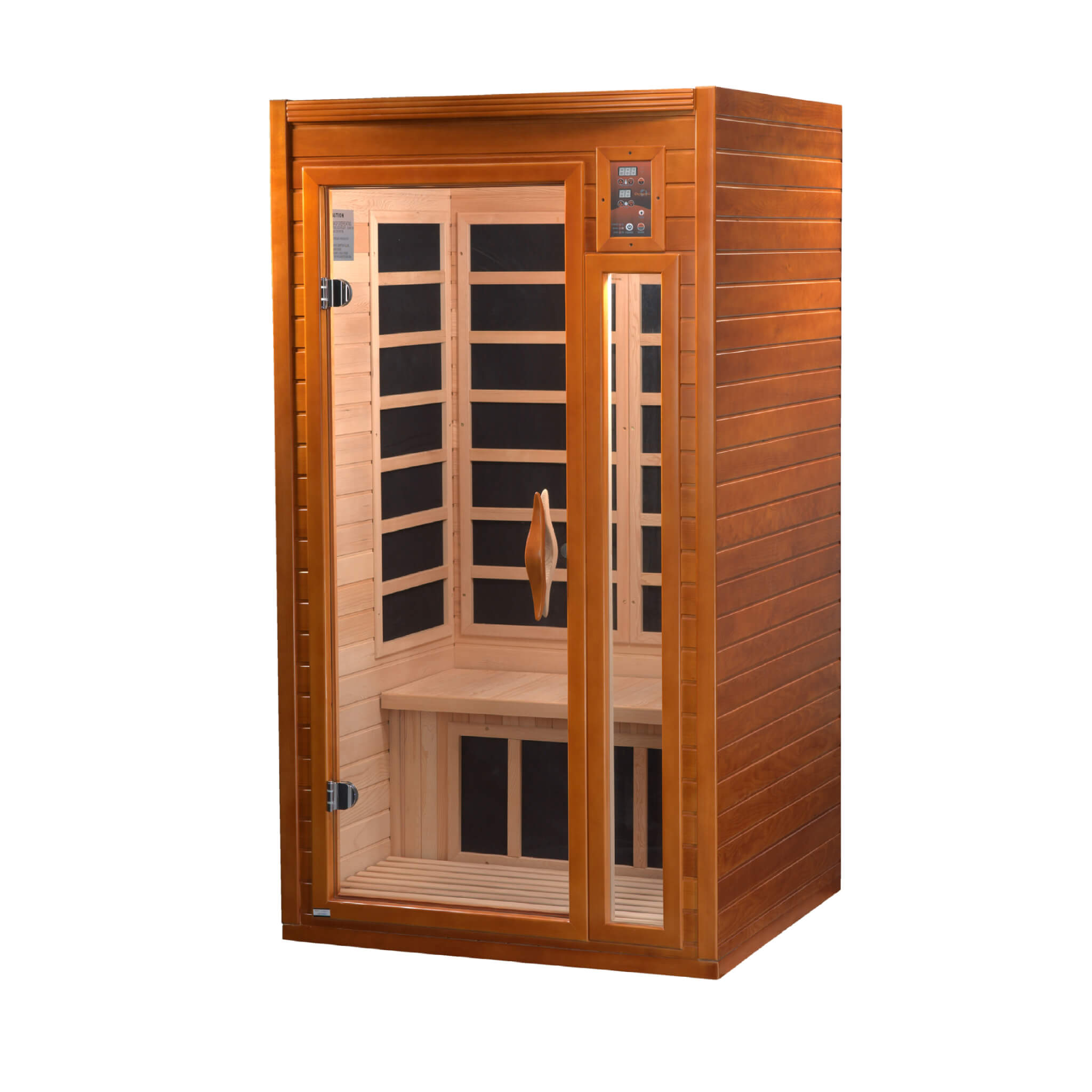 Dynamic Barcelona infrared sauna angled front view showing door, control panel, and compact size