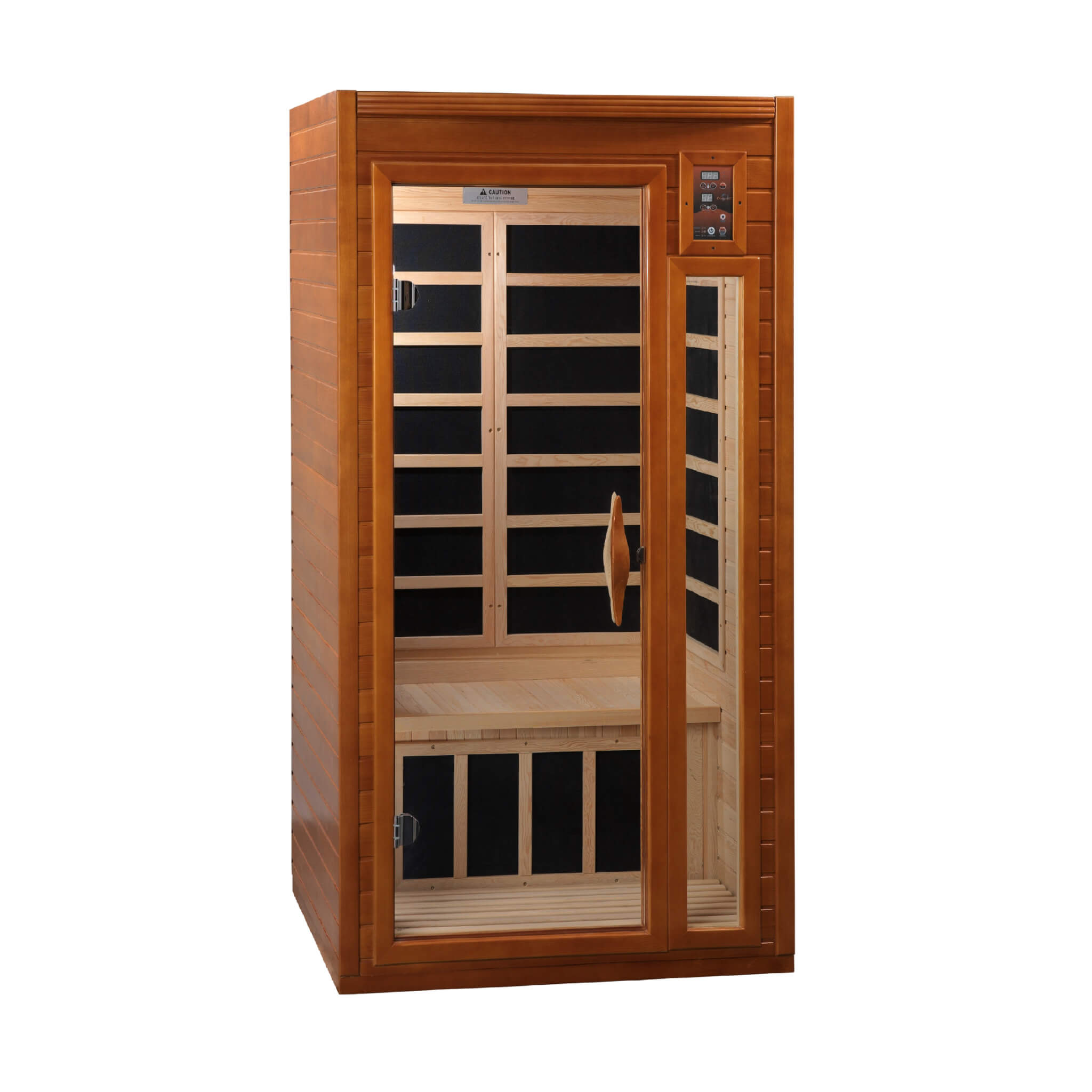Dynamic Barcelona 1–2 person infrared sauna front view with glass door and interior heating panels
