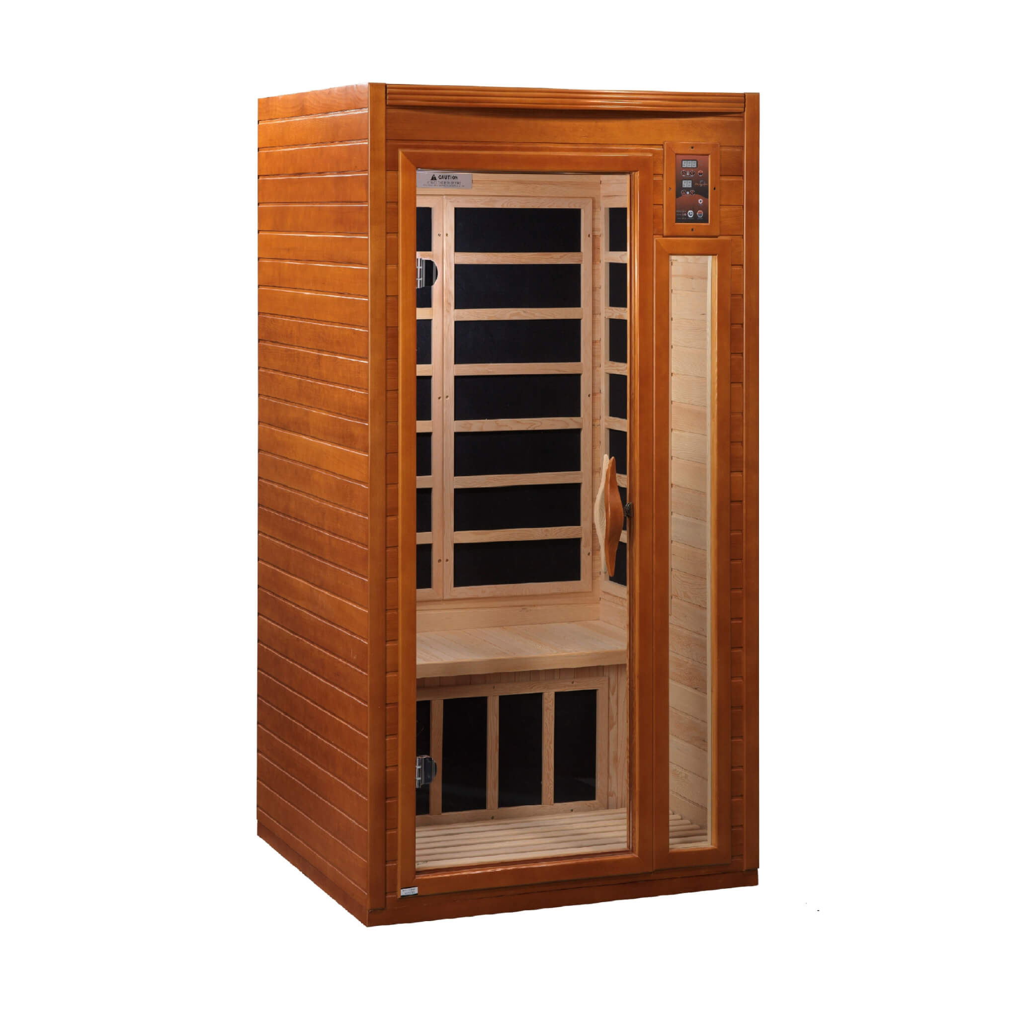 Dynamic Barcelona 1–2 person infrared sauna front view isolated on white background with glass door and control panel