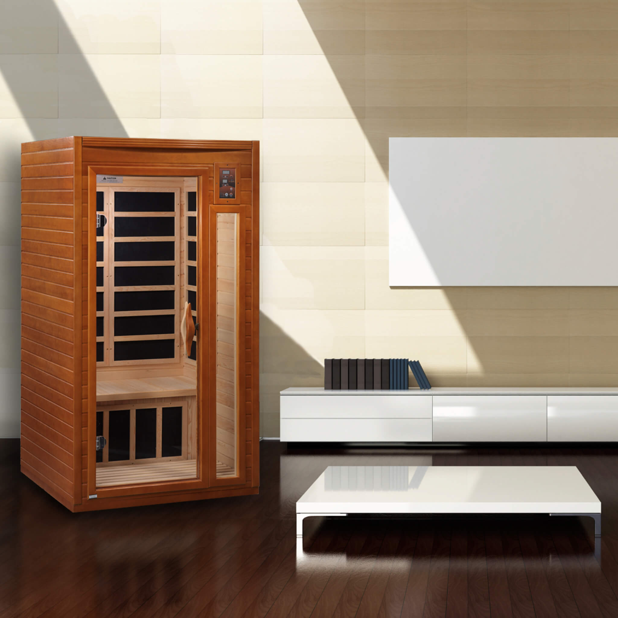 Dynamic Barcelona infrared sauna installed in modern home interior showing real indoor placement and compact size