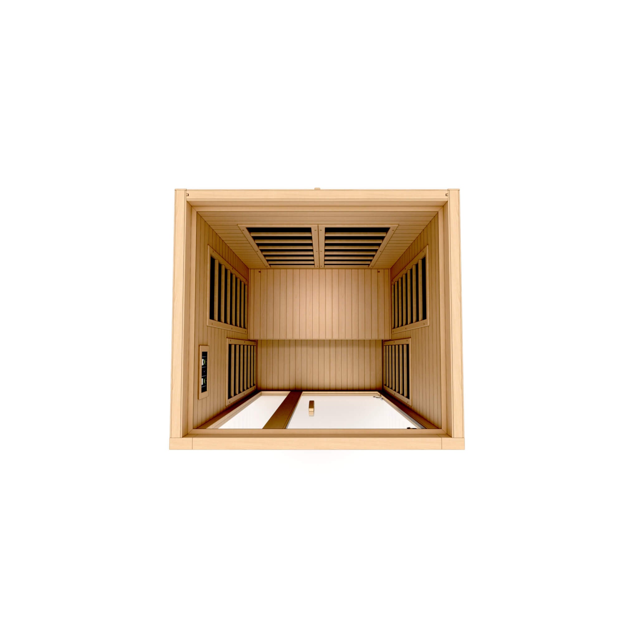 Dynamic infrared sauna interior ceiling heating panels layout