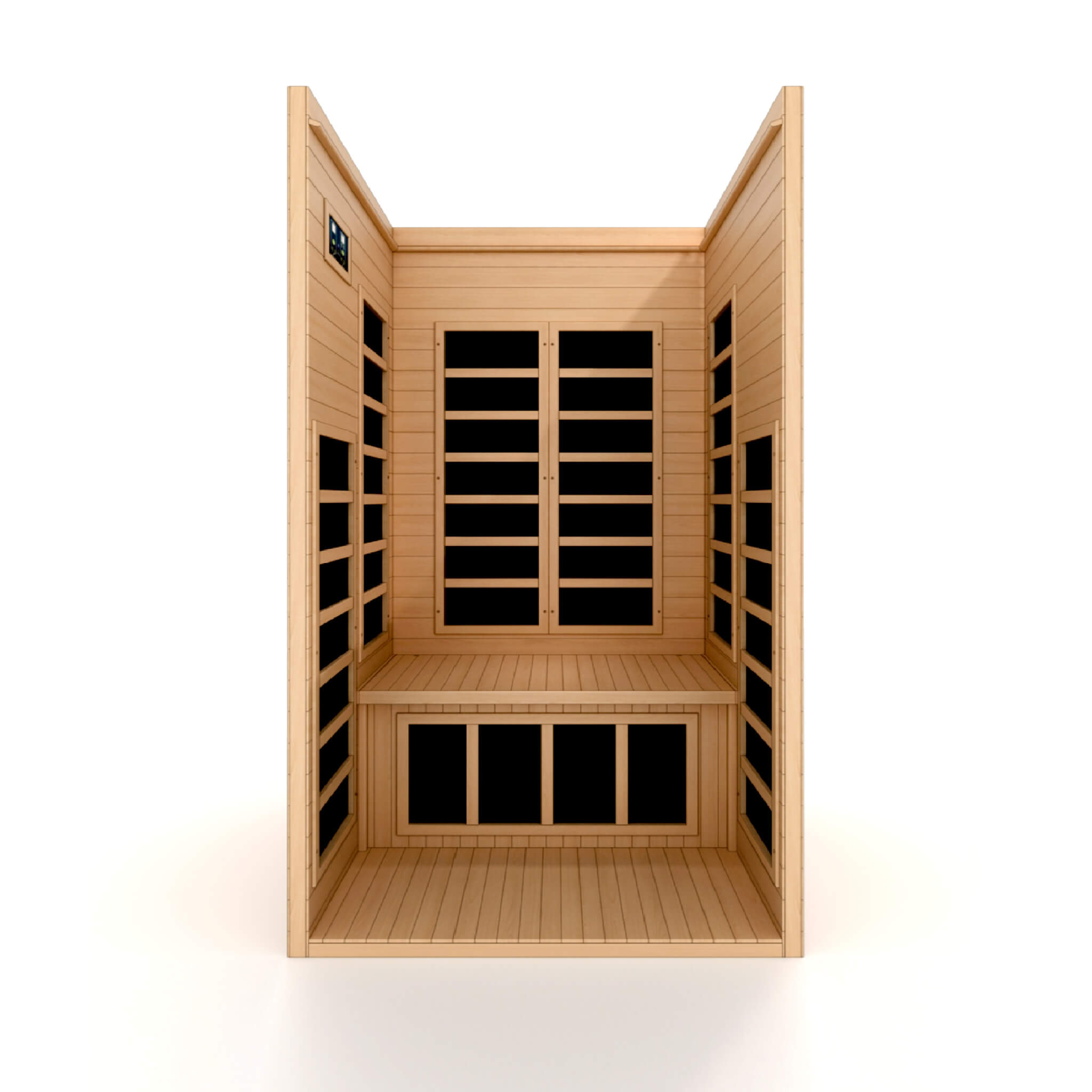 Dynamic infrared sauna interior seating and heating panel layout
