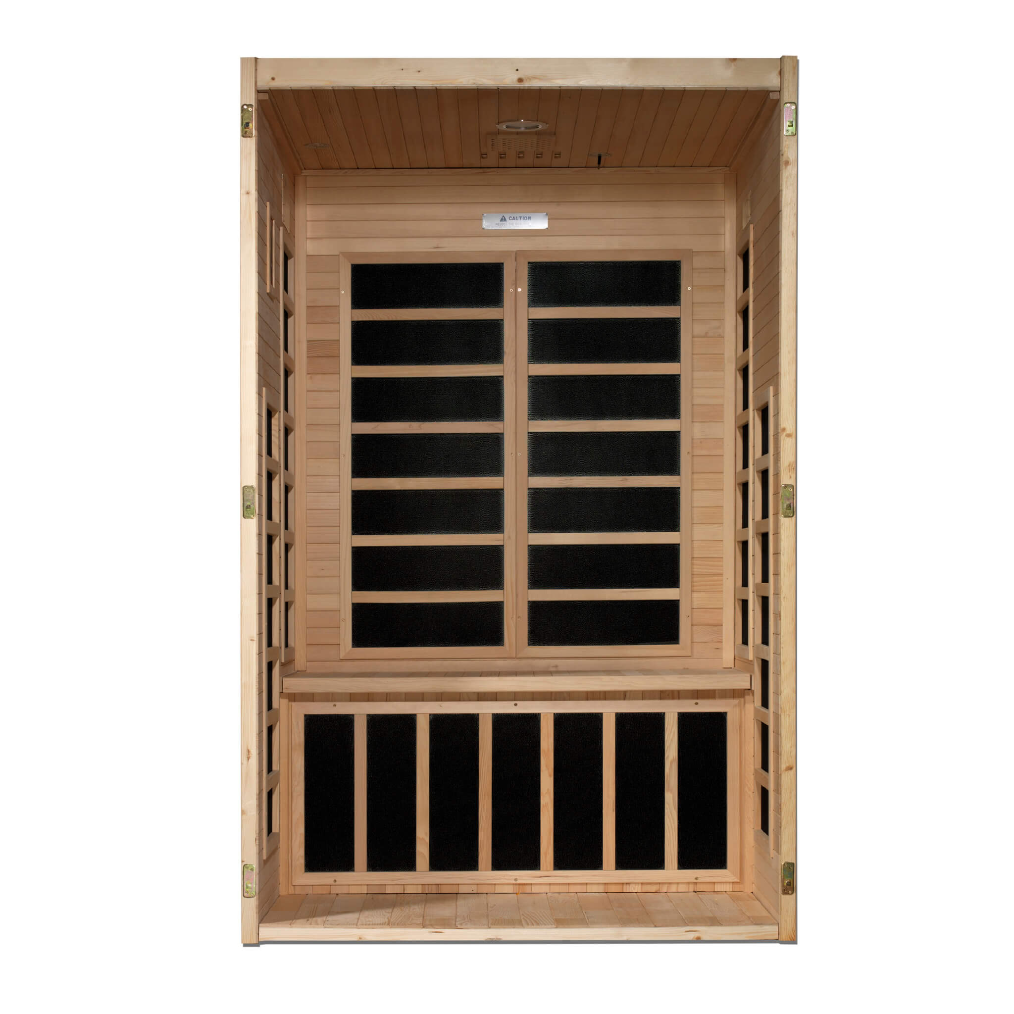 Dynamic Santiago infrared sauna rear interior view with bench seating and back heating panels