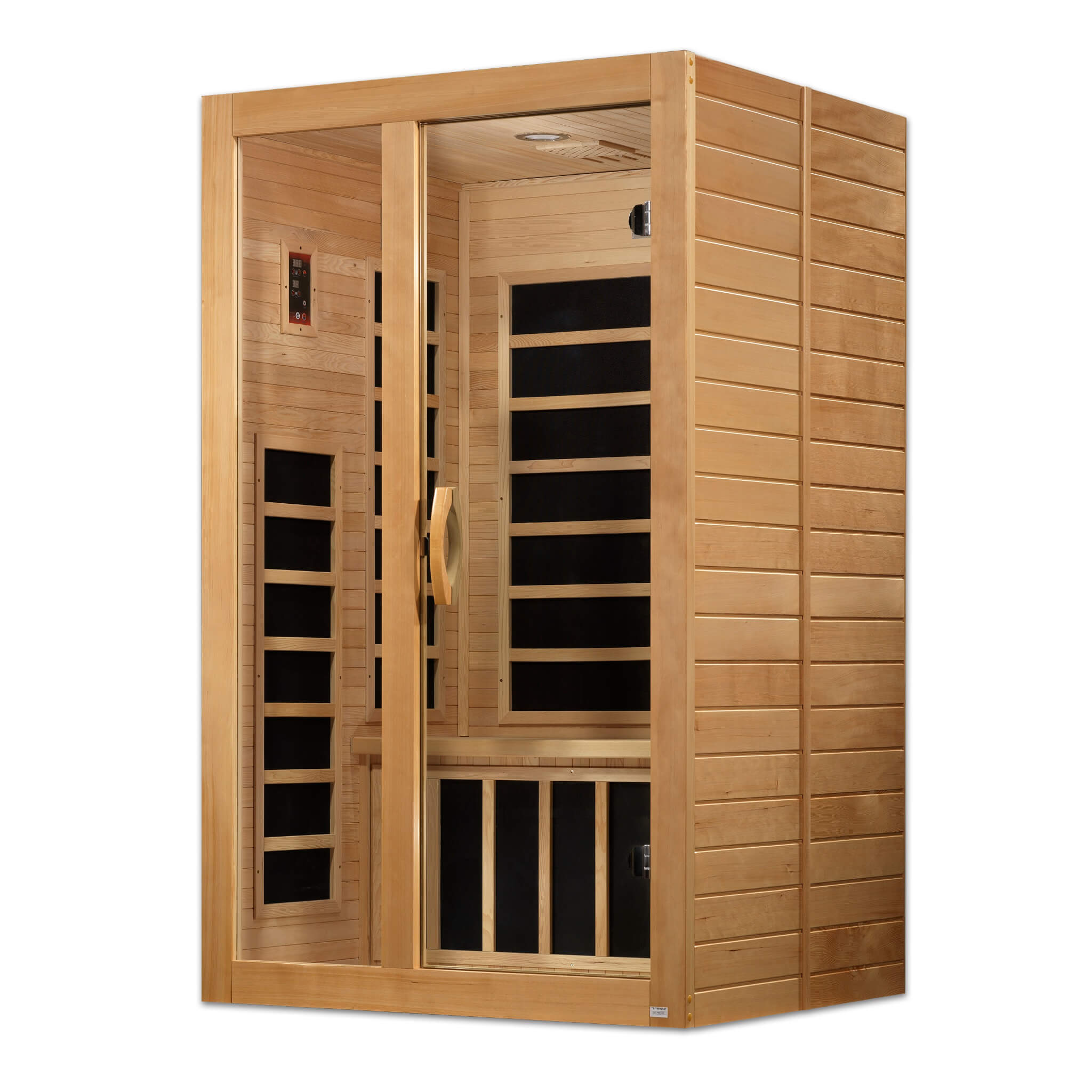 Dynamic Santiago 2 person infrared sauna angled side view with glass door and interior heating panels