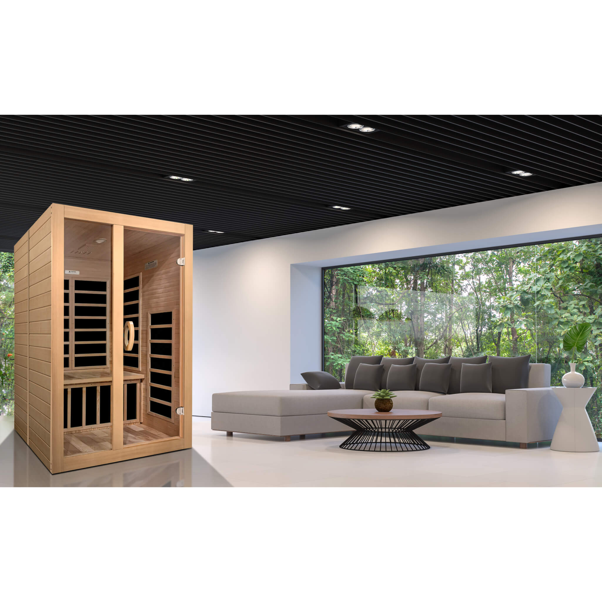 Dynamic Santiago 2 person infrared sauna installed in modern living room home setting
