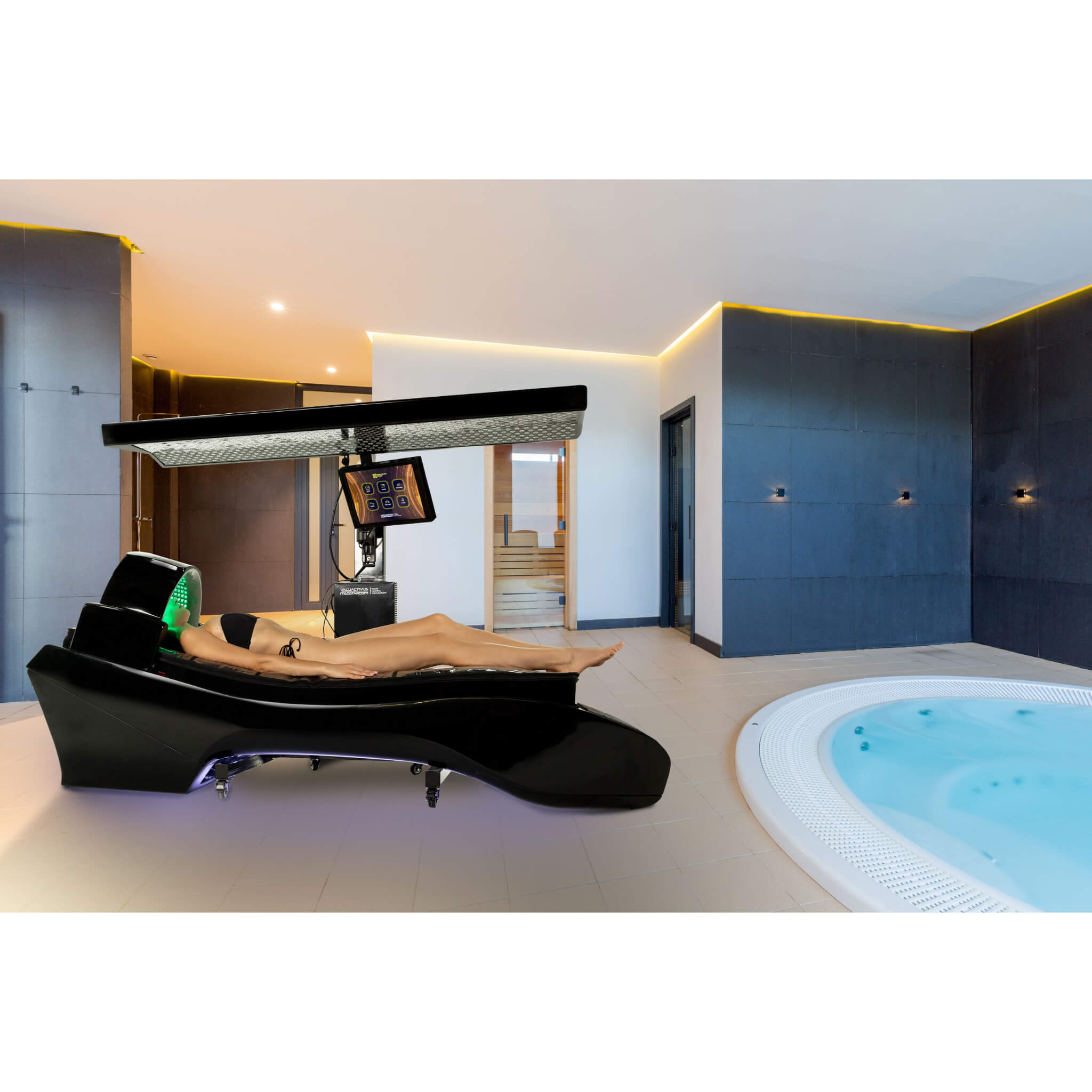 Cryonick InfraCouch Red Light Therapy Bed, woman laying down with face treatment lights on near a pool.