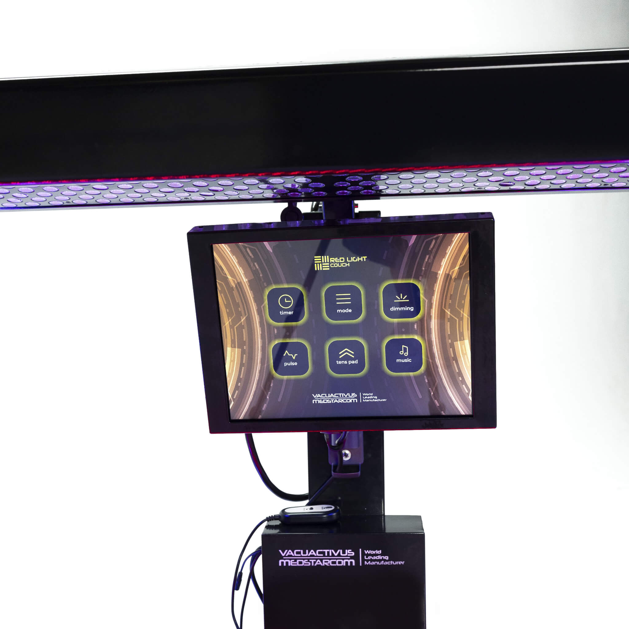 Cryonick InfraCouch Red Light Therapy Bed control panel with touchscreen interface on a white background