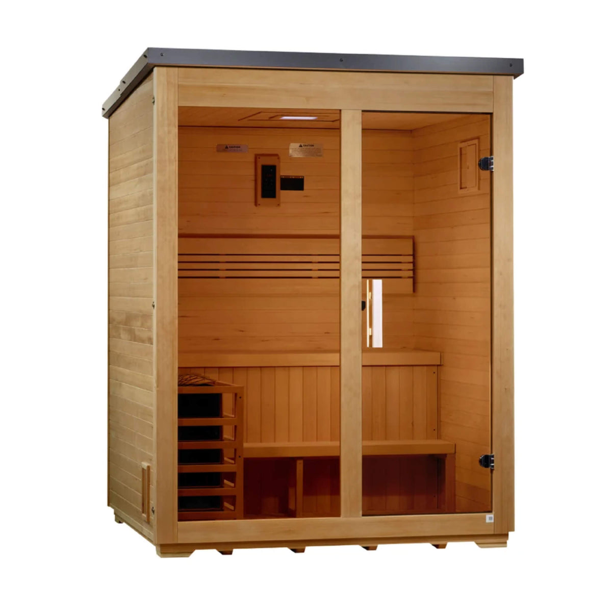 Arlberg 3 Person Traditional Outdoor Sauna angled view showing the exterior hemlock siding and roof vent on the right side wall