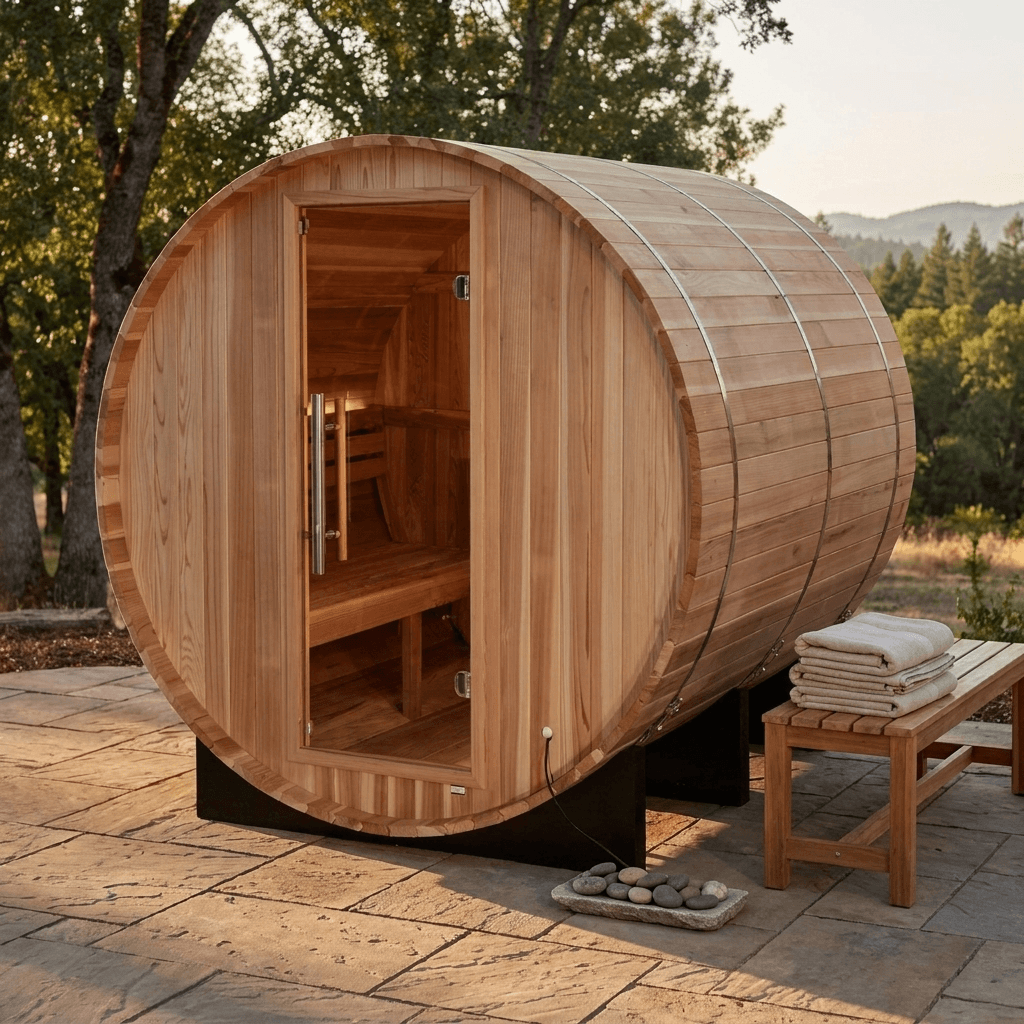 Arosa 4 Person Barrel Sauna on an outdoor patio with folded towels and a mountain view