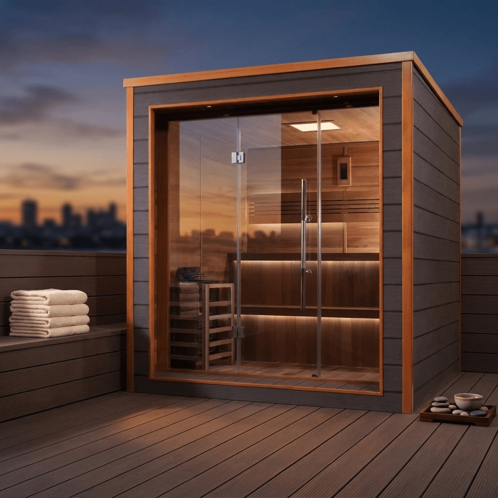 Bergen 6 Person Outdoor-Indoor Sauna on a rooftop deck at dusk with folded towels and a stone tray nearby