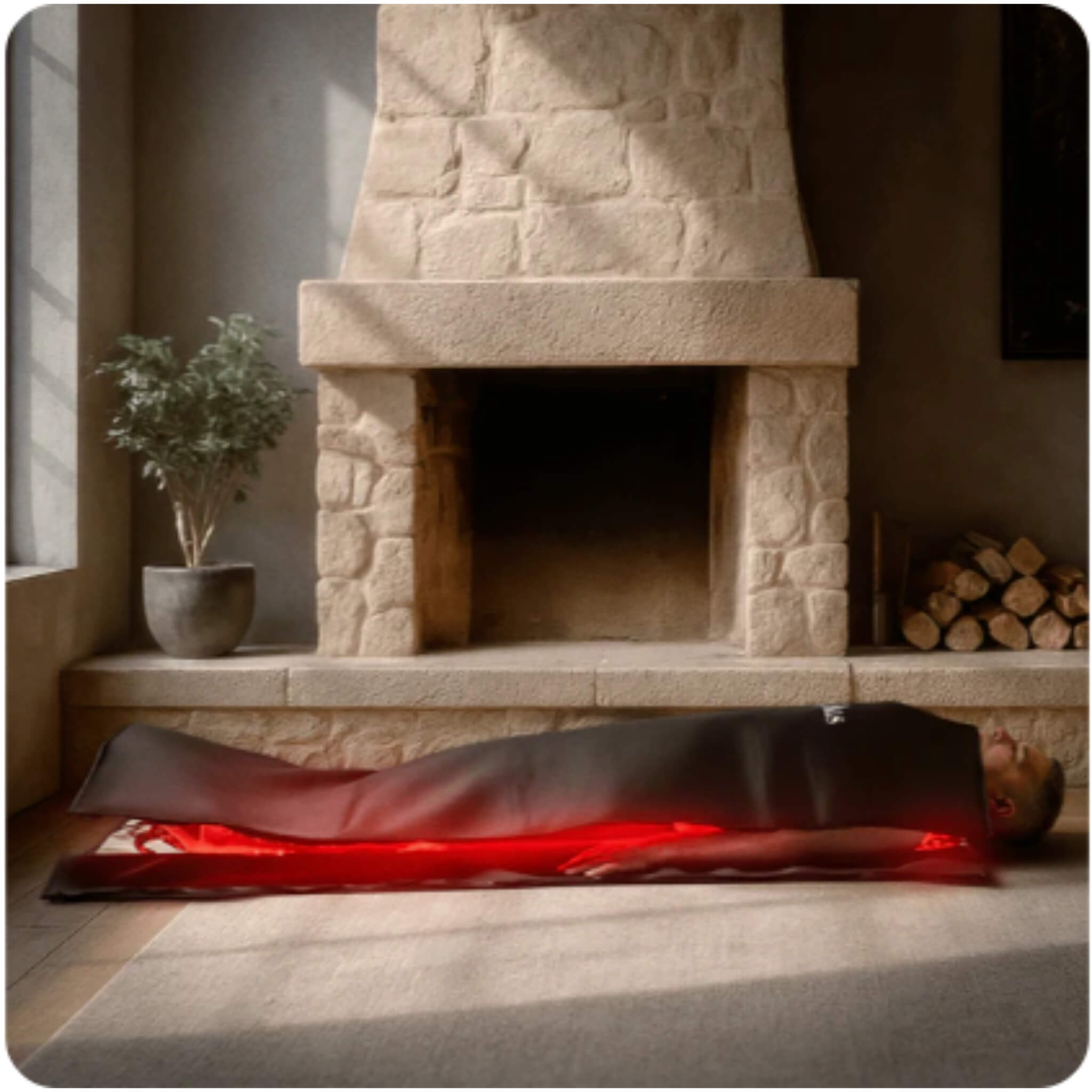 Man lying inside Capillus Protocol Healing Pod at home in a living room with red light therapy glowing through the device during a full-body treatment session