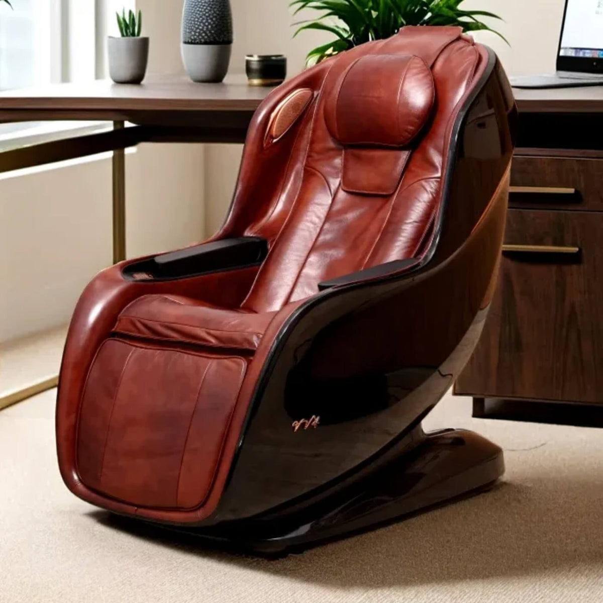 DR.BOSS FJ-2025 Pro Wave massage chair in burgundy leather in a home office setting