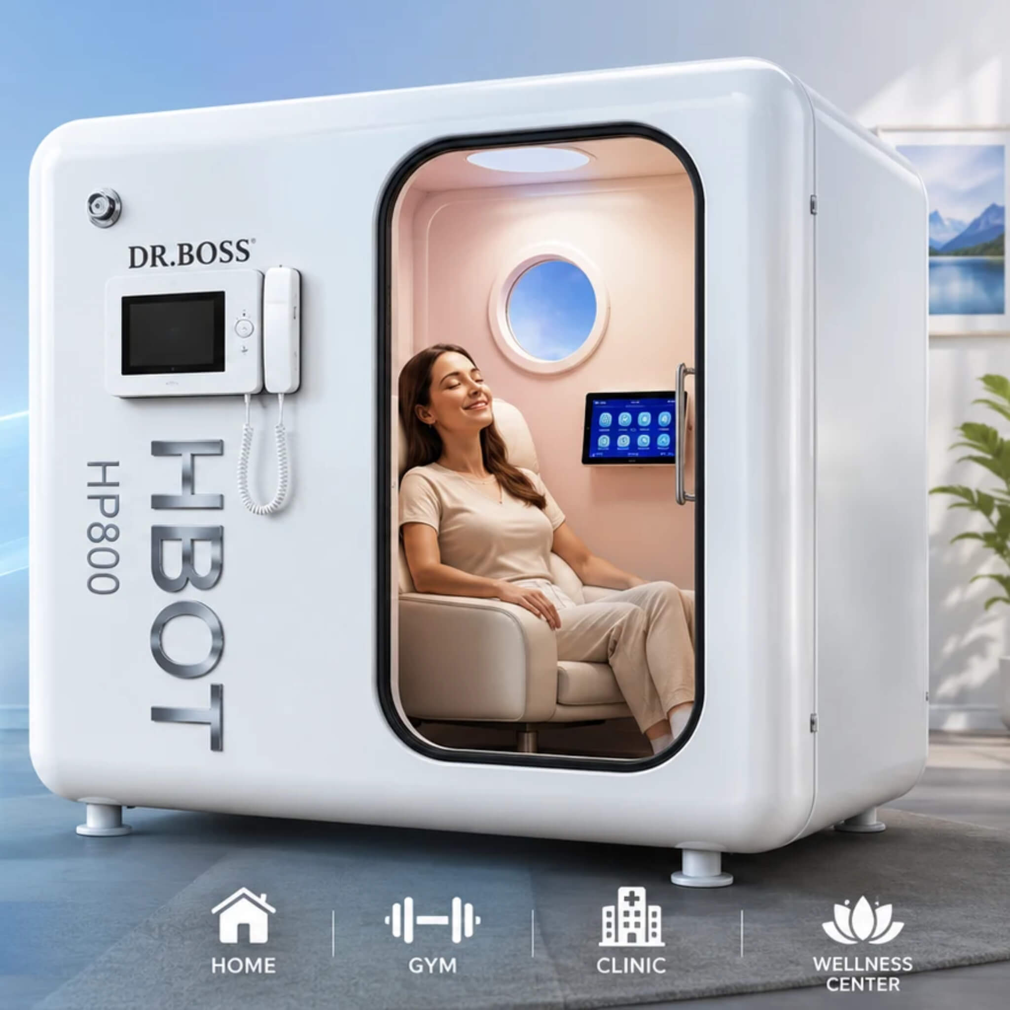 DR.BOSS HP800 Hyperbaric Oxygen Chamber with woman relaxing inside