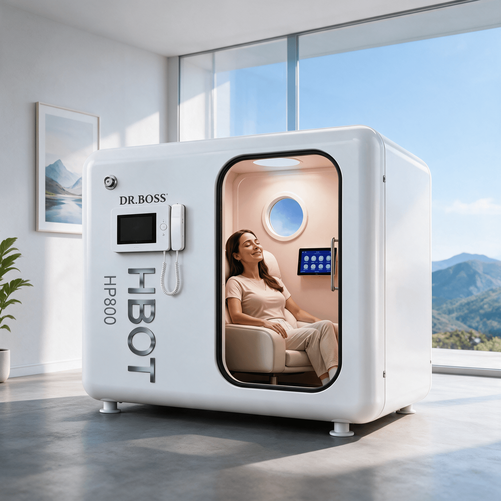 DR.BOSS HP800 Hyperbaric Oxygen Chamber in a home wellness room with mountain view