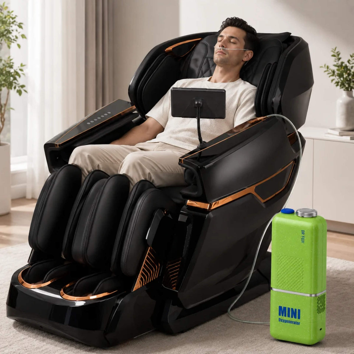 Dr. Fuji FJ-8500 Plus AI 4D massage chair shown with a portable oxygen concentrator for enhanced relaxation and wellness.