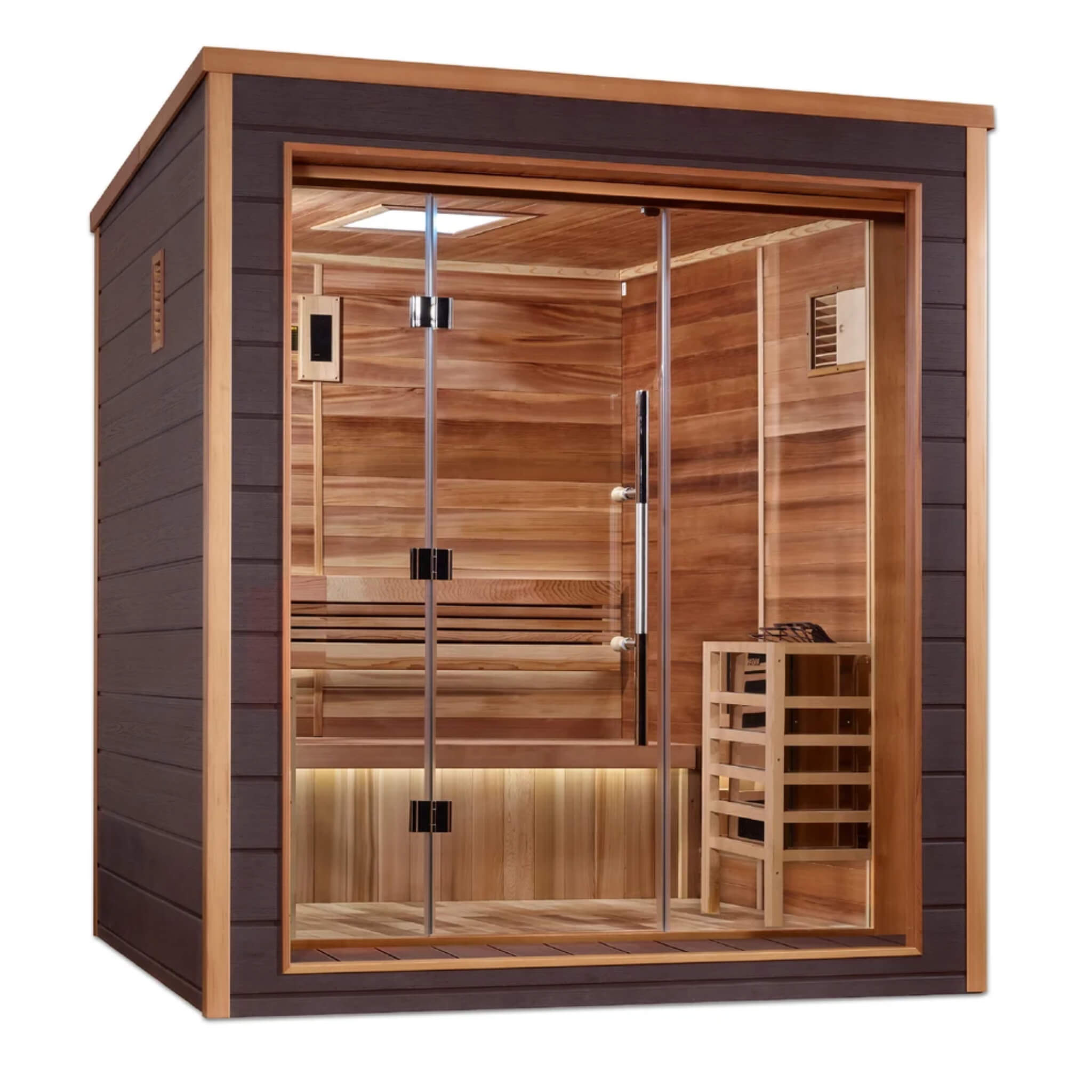 Drammen 3 Person Outdoor-Indoor Sauna angled view showing the interior bench and heater through the glass door