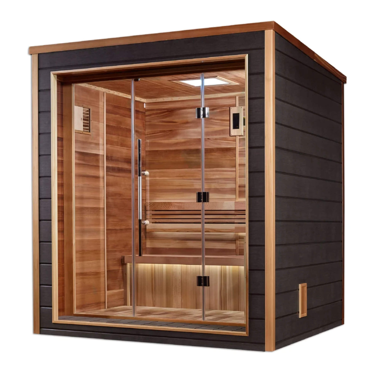 Drammen 3 Person Outdoor-Indoor Sauna angled view from the opposite side showing the interior bench and control panel