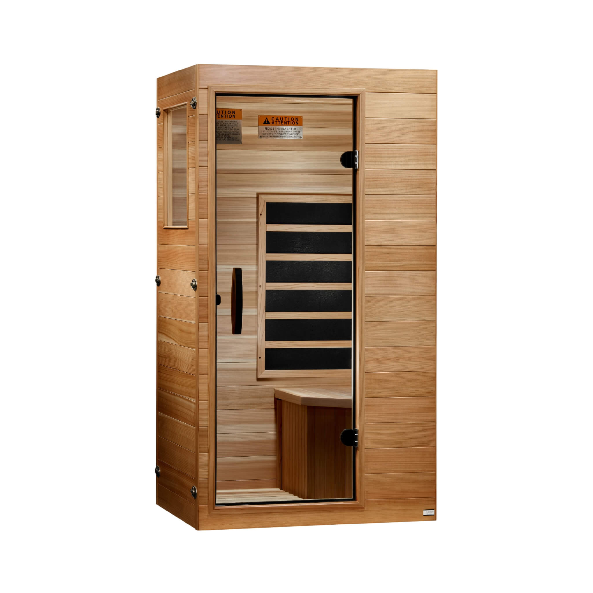 Dynamic DYN-1101-01 Elite compact infrared sauna, left angle view showing Pacific Cedar construction