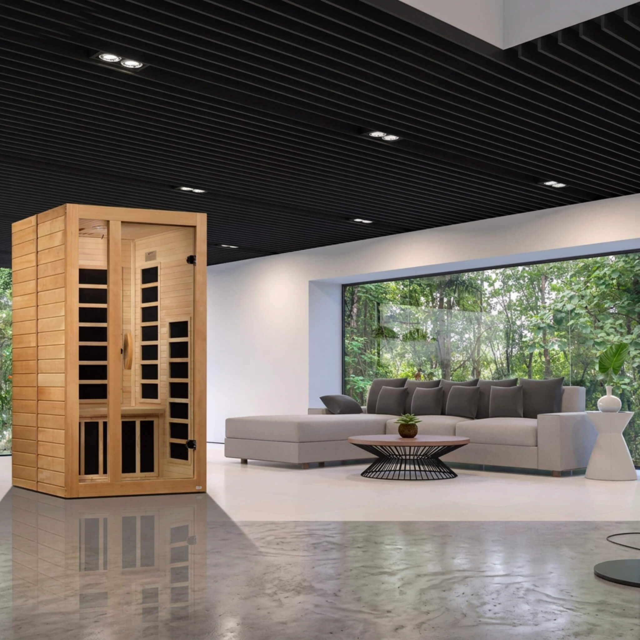 Dynamic Gracia DYN-6119-01 1-2 Person Low EMF FAR Infrared Sauna in a modern living space