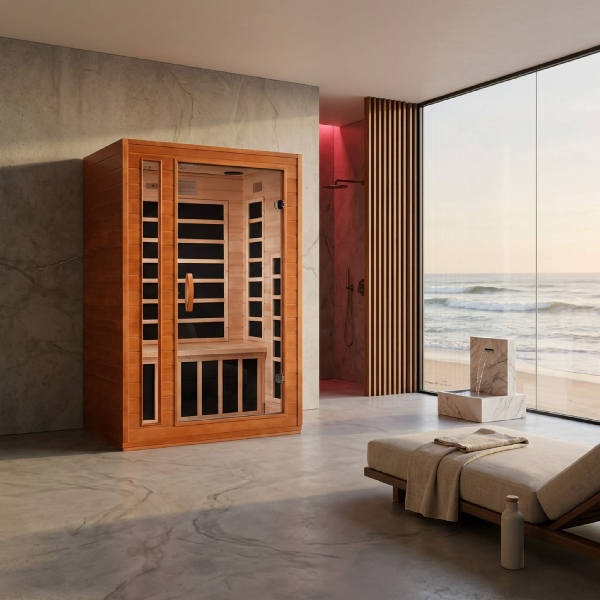 Dynamic Cordoba 2 Person Ultra Low EMF FAR Infrared Sauna in a modern spa-style room with ocean view