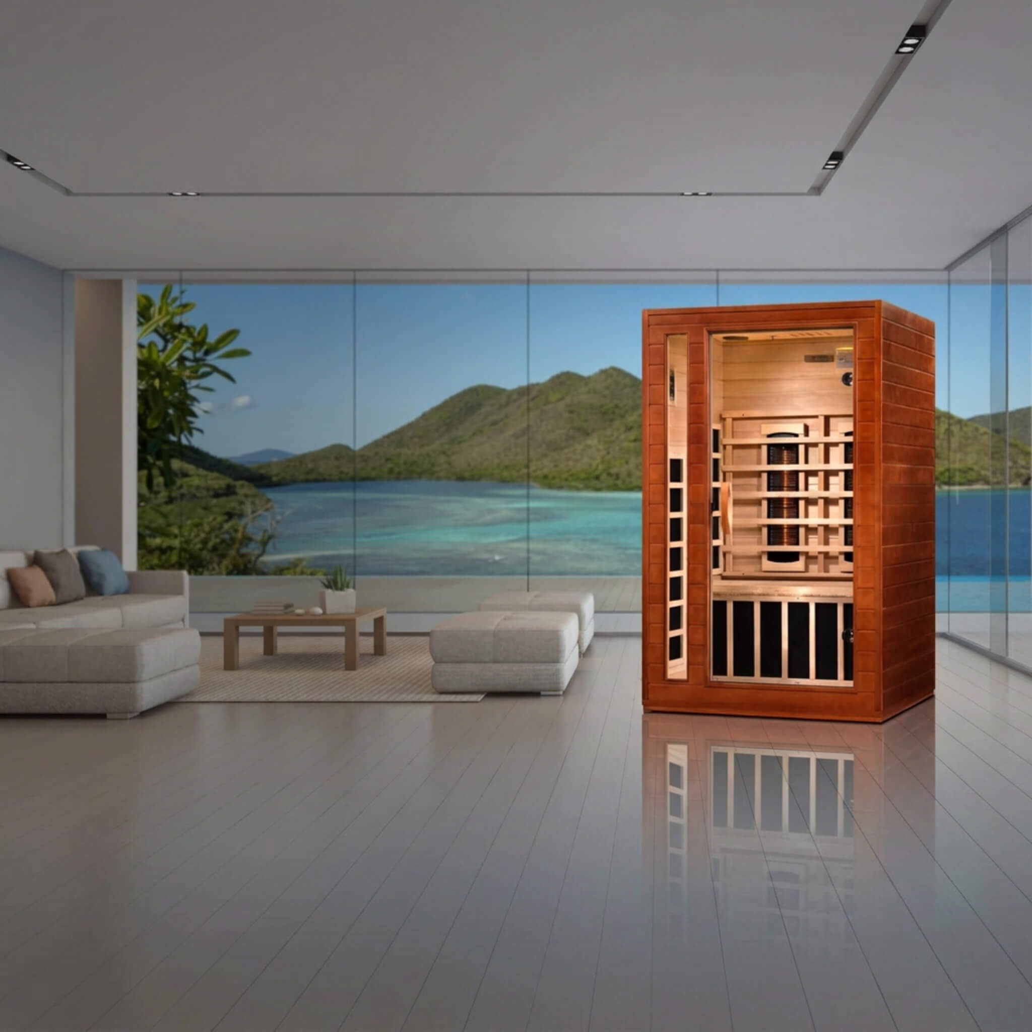Dynamic Cordoba DYN-6203-02 FS 2 Person Full Spectrum FAR Infrared Sauna in a modern living space