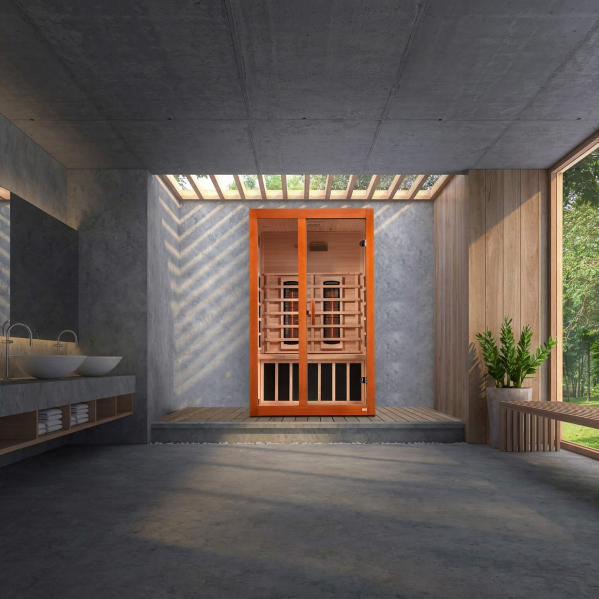 Dynamic Santiago DYN-6209-03 FS 2 Person Full Spectrum FAR Infrared Sauna in a modern indoor setting