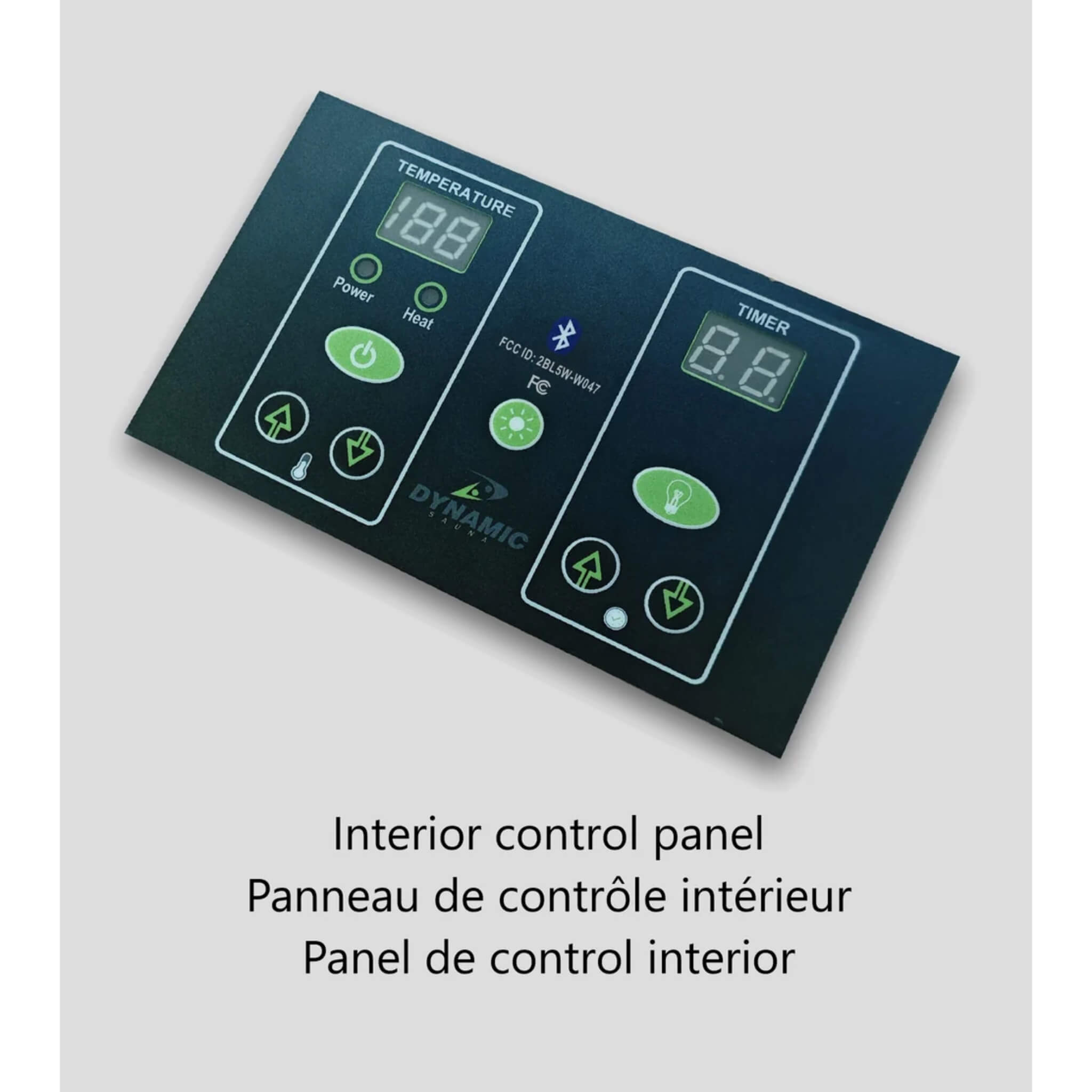 Dynamic Serena Full Spectrum sauna interior LED control panel with temperature and timer display