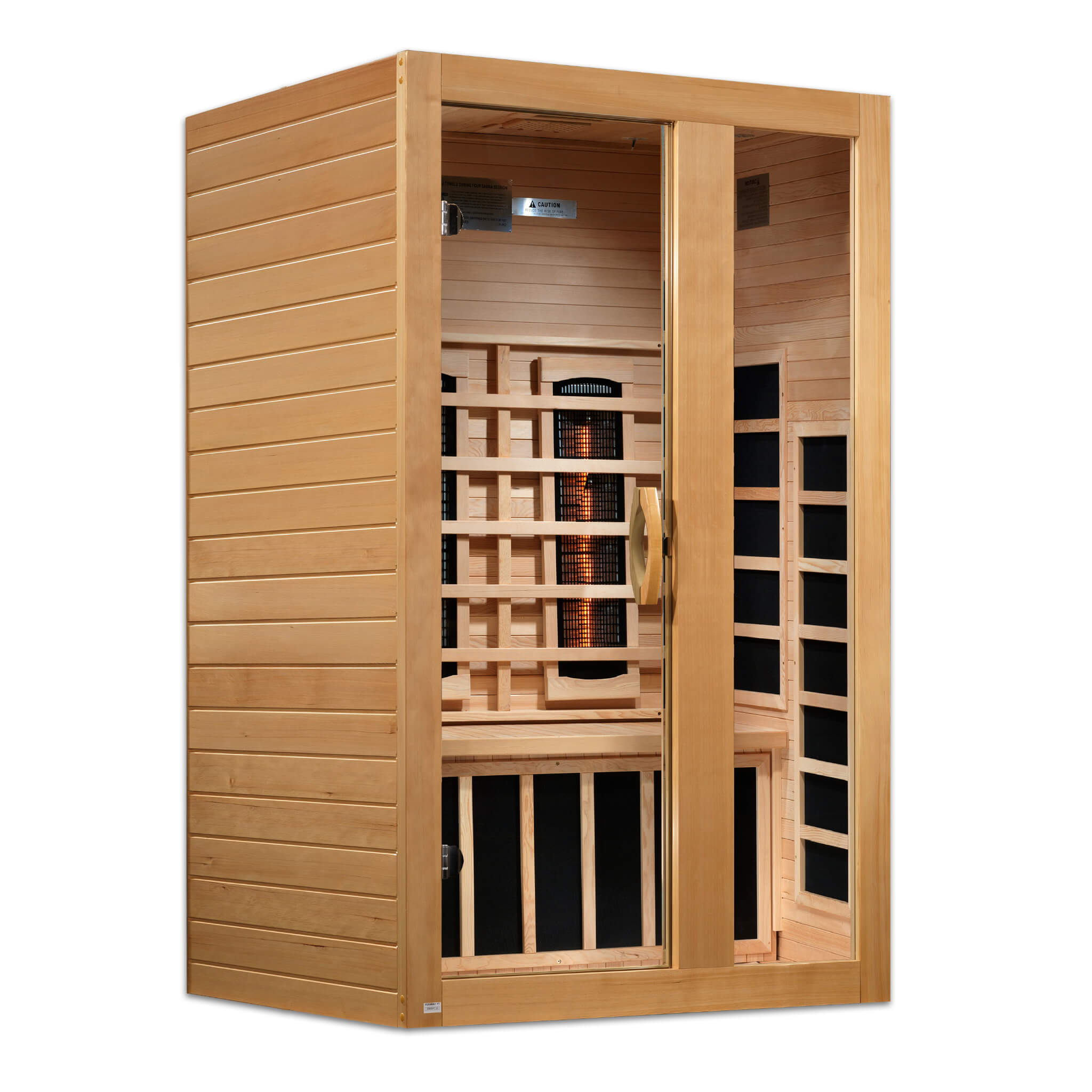 Dynamic Serena Full Spectrum 2 person sauna exterior angle view showing Canadian Hemlock wood cabin
