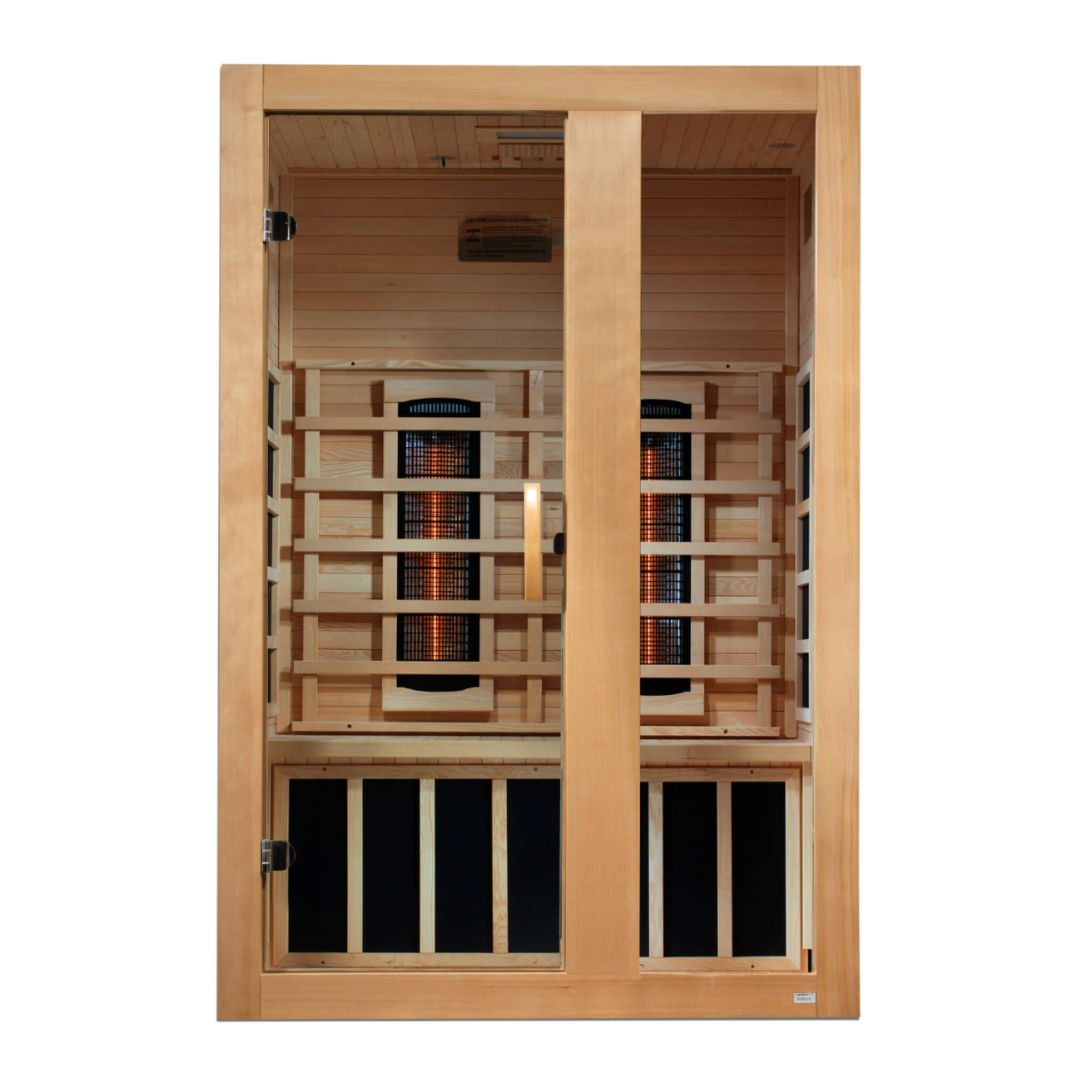 Dynamic Serena Full Spectrum 2 person sauna front interior view with FAR and near infrared heating panels