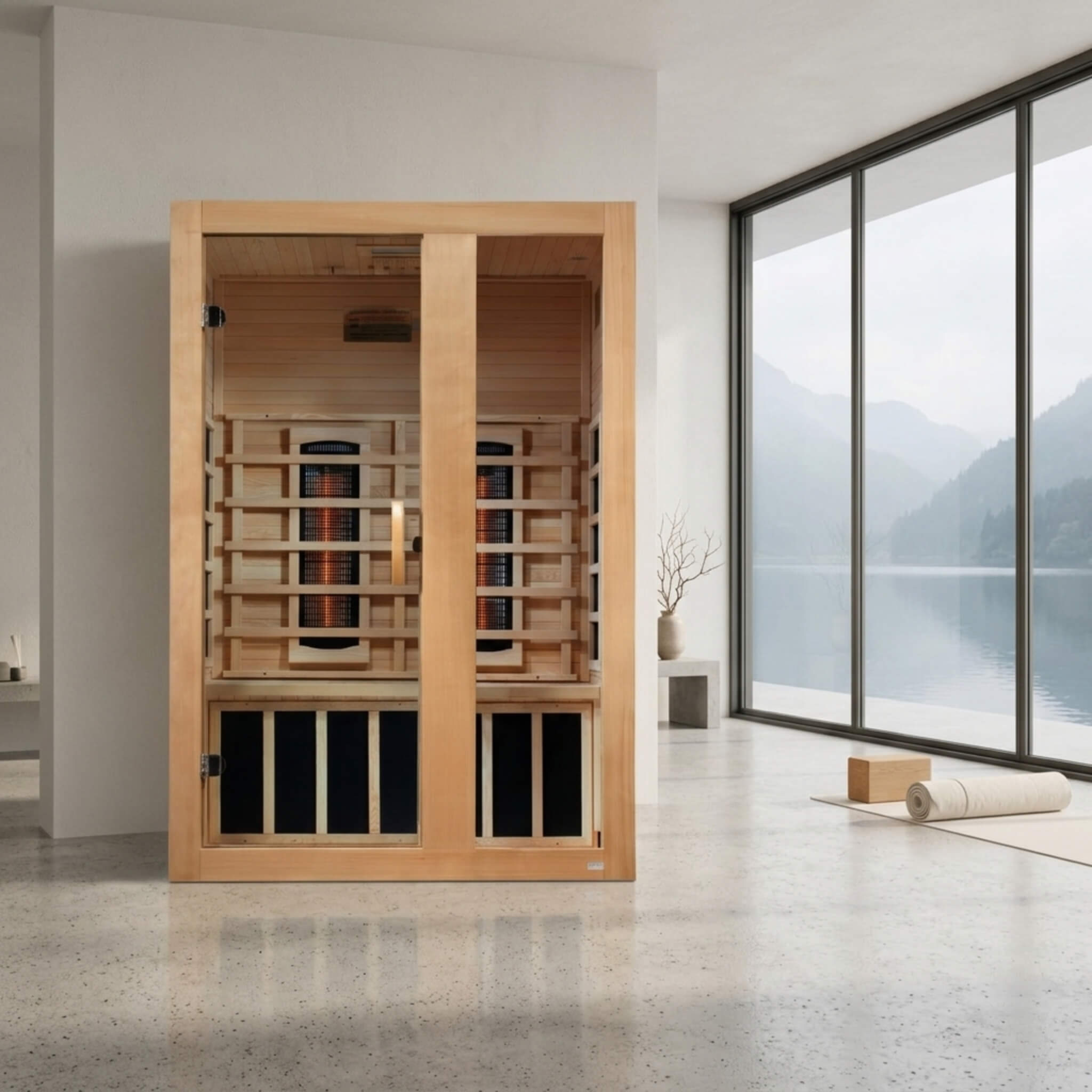 Dynamic Serena Full Spectrum 2 person sauna in a modern home wellness room with lake and mountain view