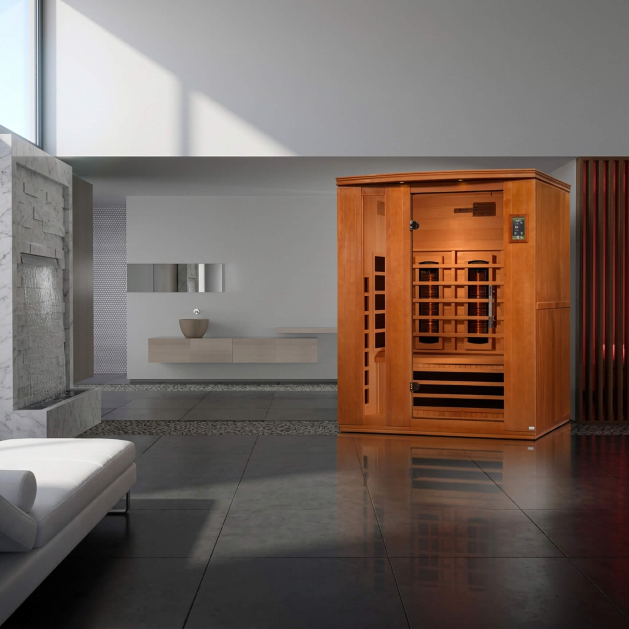 Dynamic Lugano DYN-6336-03 FS 3 Person Full Spectrum Infrared Sauna in a modern living space