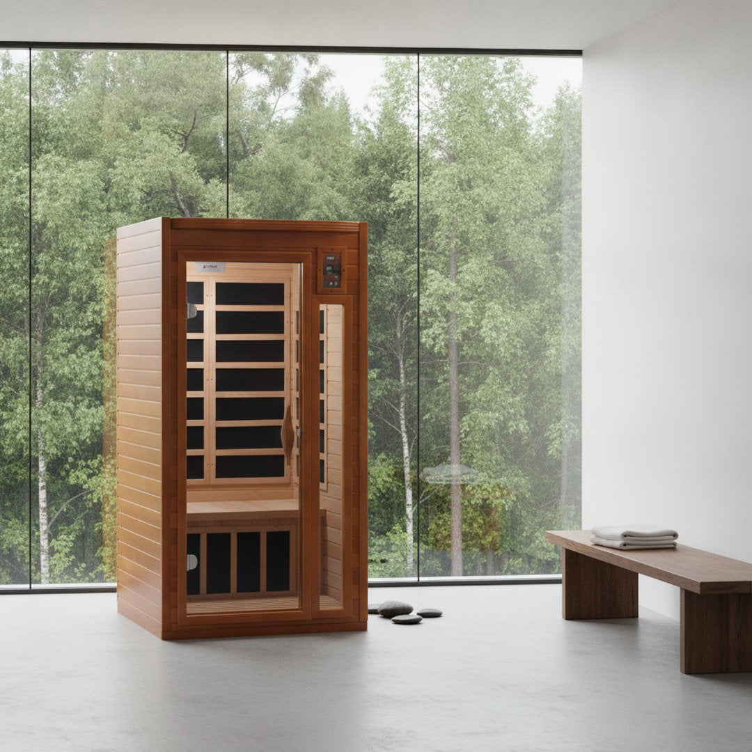 Dynamic Barcelona Elite 1-2 person ultra low EMF far infrared sauna in modern home setting with forest view