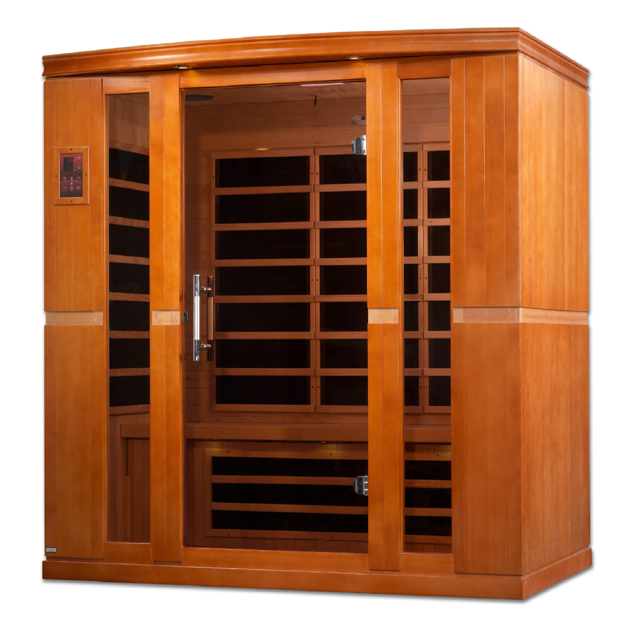 Dynamic Bergamo 4 Person Low EMF Far Infrared Sauna DYN-6440-01 angled view showing interior heaters