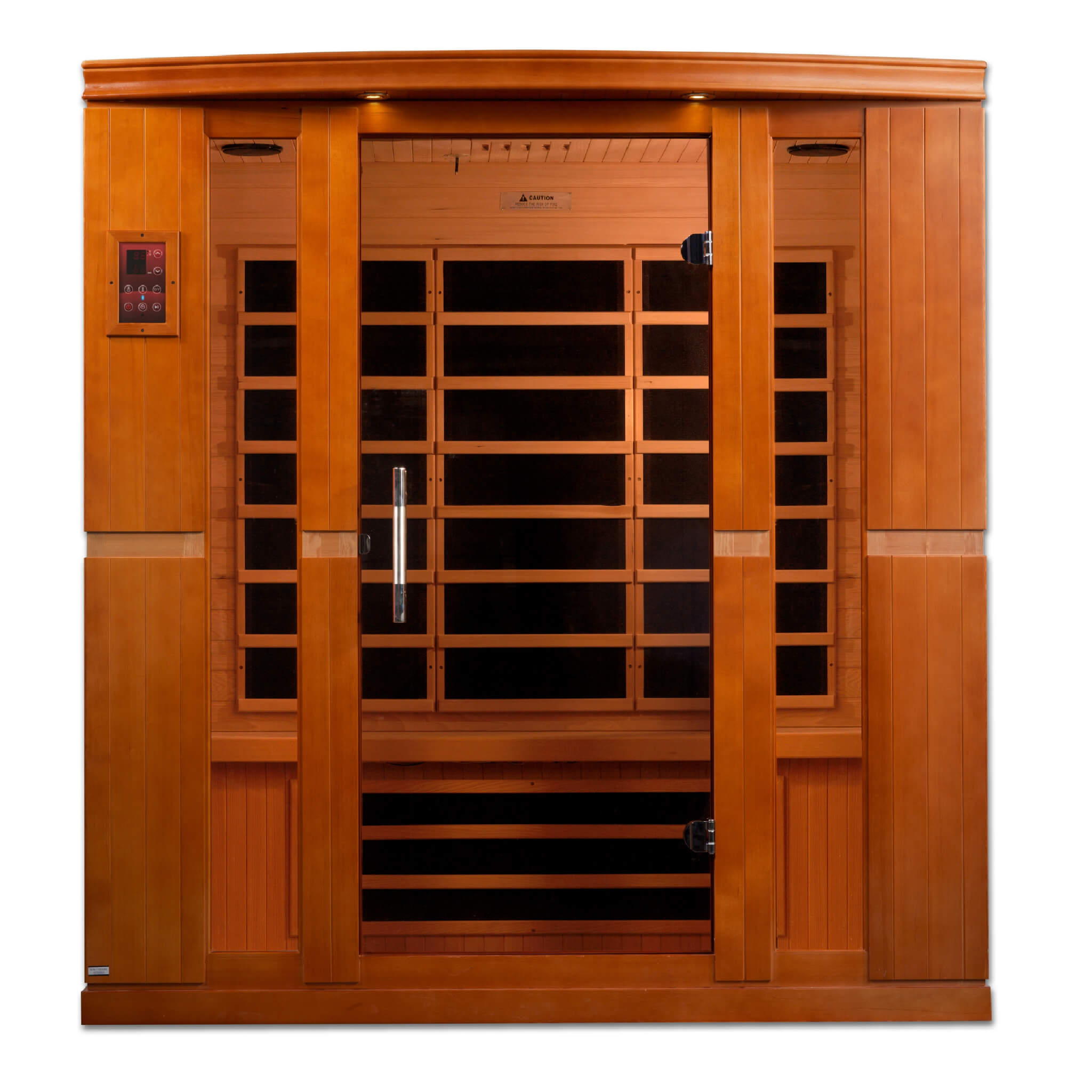 Dynamic Bergamo 4 Person Low EMF Far Infrared Sauna DYN-6440-01 front view with door open and control panel visible