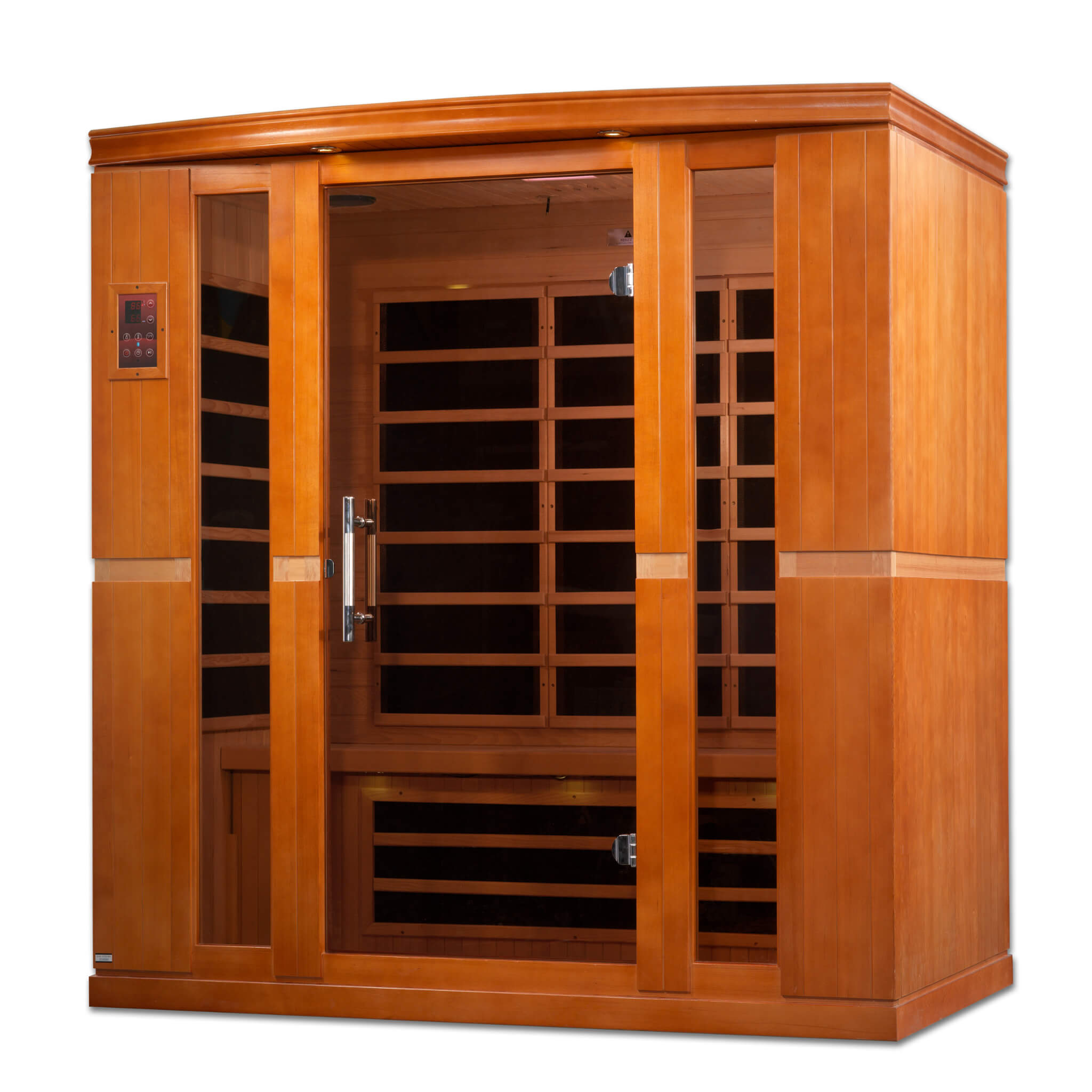 Front left angle view of the Dynamic Bergamo DYN-6440-01 Elite 4 Person Ultra Low EMF Far Infrared Sauna