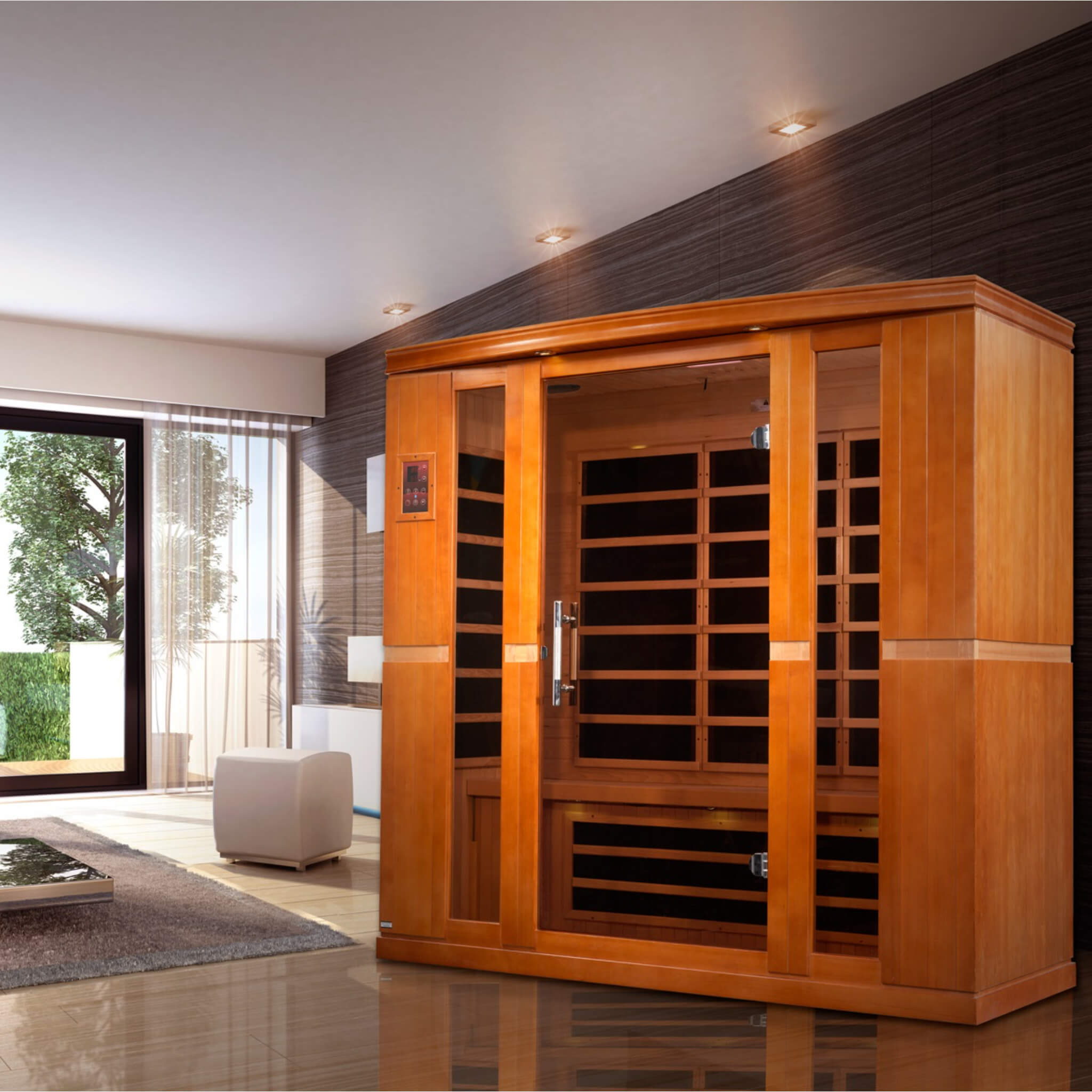 Dynamic Bergamo DYN-6440-01 Elite 4 Person Ultra Low EMF Far Infrared Sauna installed in a contemporary living space