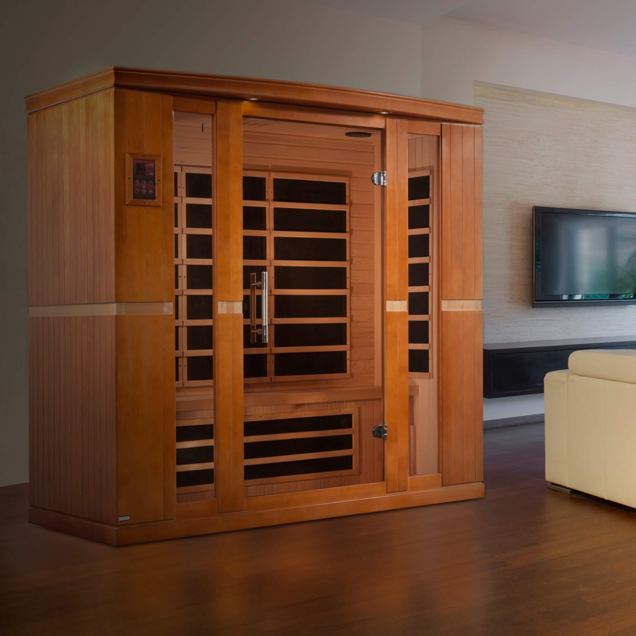 Dynamic Bergamo DYN-6440-01 Elite 4 Person Ultra Low EMF Far Infrared Sauna installed in a modern residential wellness room