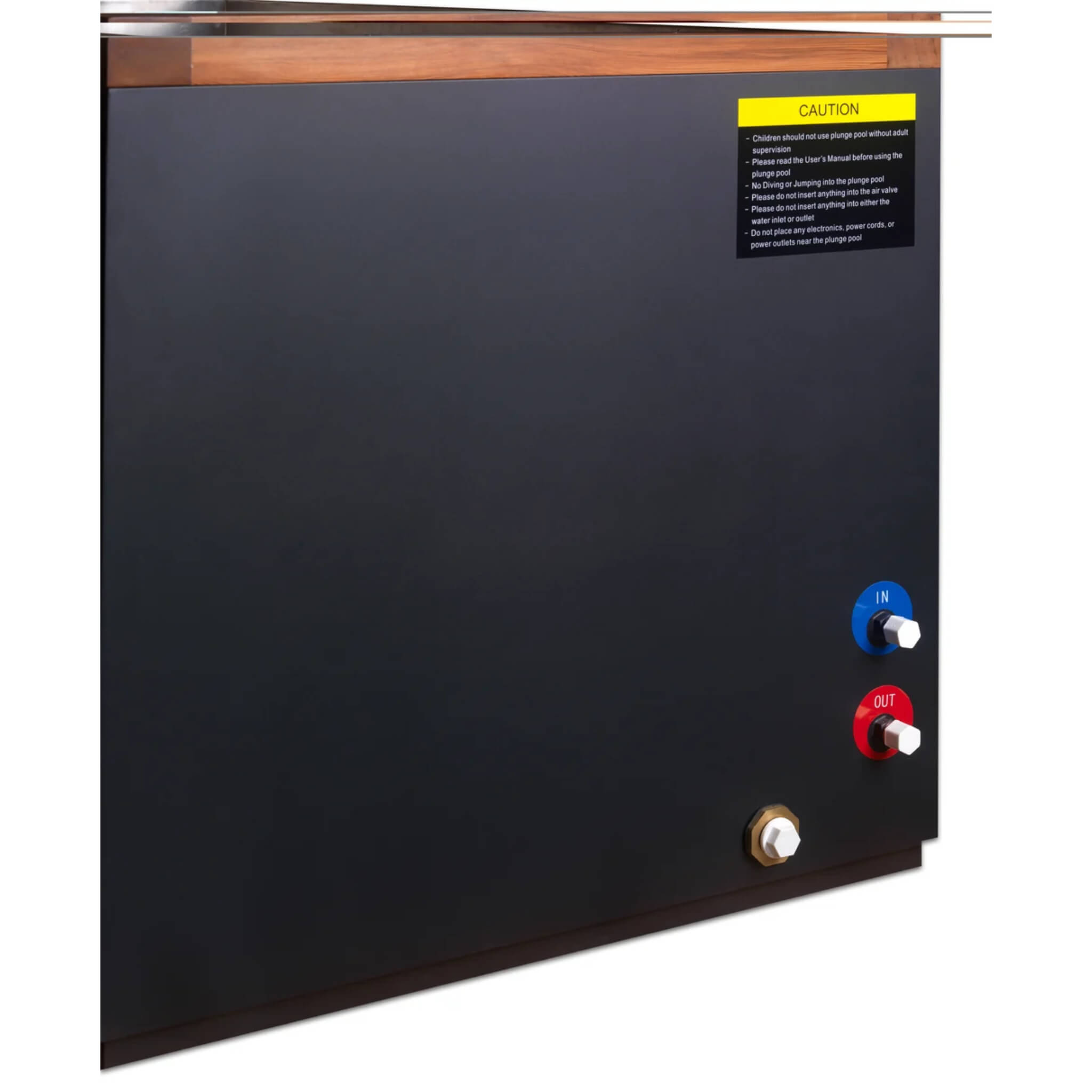 Dynamic Cold Therapy CUBOID XL Stainless Steel Cold Plunge showing inlet and outlet valve placement