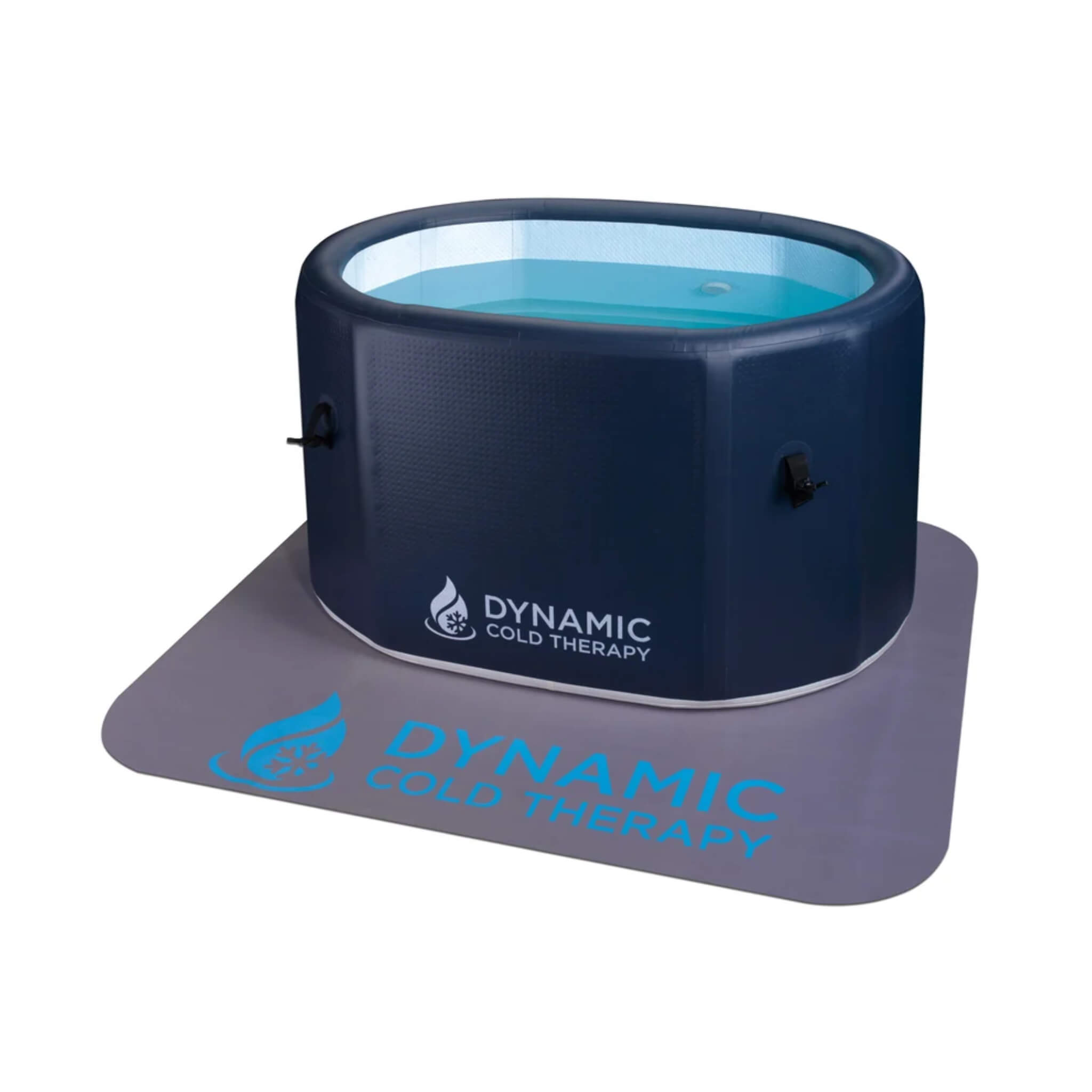 Dynamic Cold Therapy Inflatable Oval Cold Plunge filled with water on included floor mat