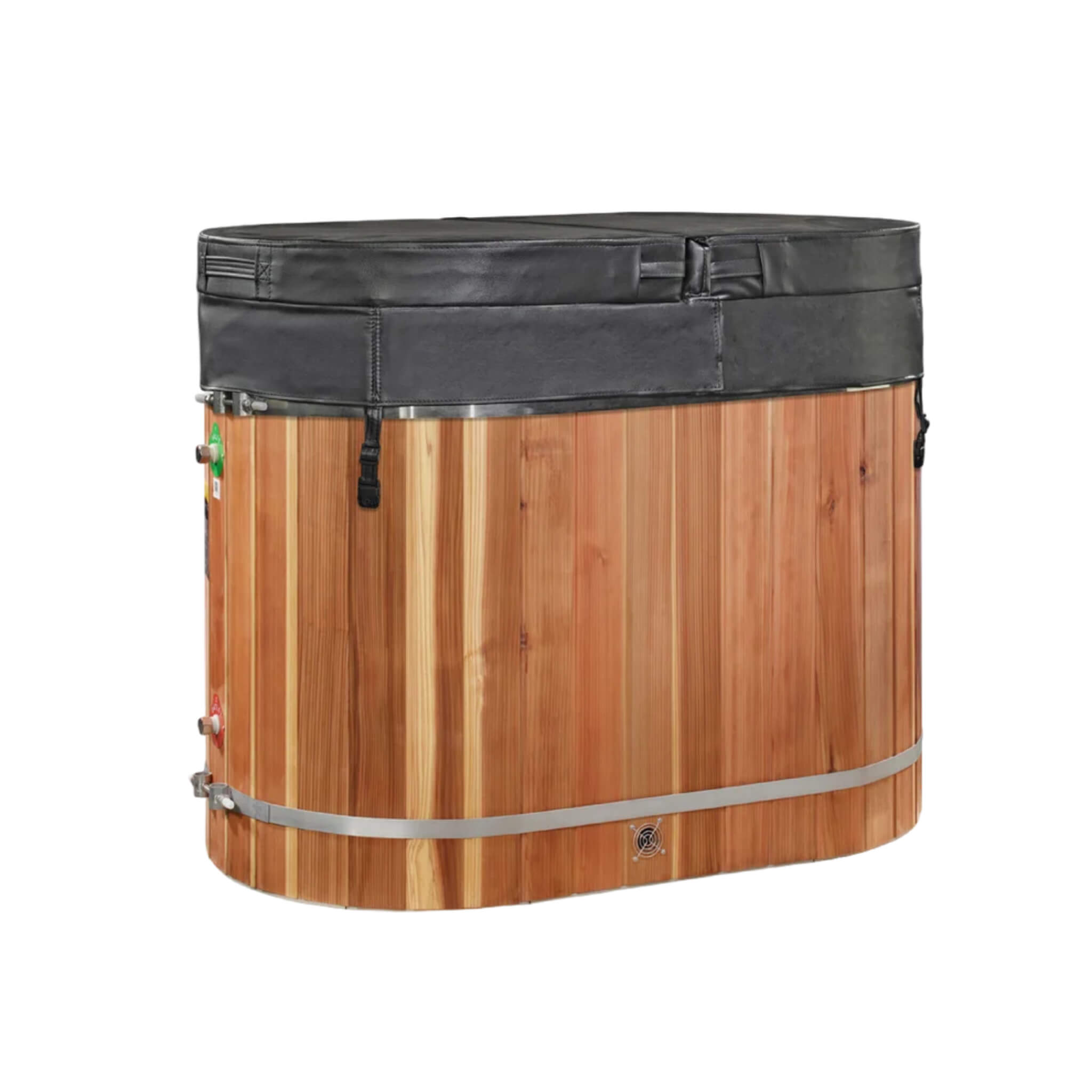 DCT Oval Barrel Tub Pacific Cedar Cold Plunge with custom cover closed