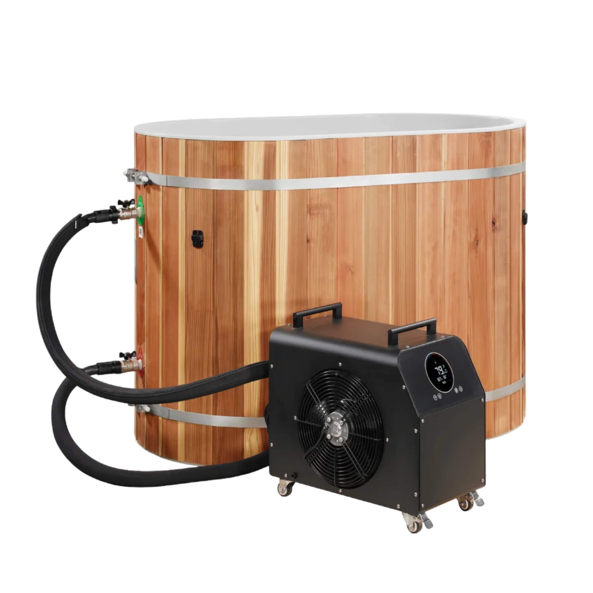 DCT Oval Barrel Tub Pacific Cedar Cold Plunge shown with optional .8 HP chiller, sold separately