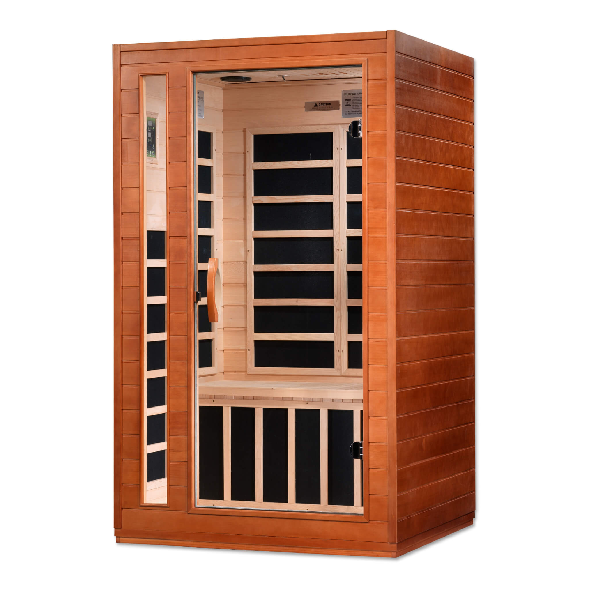 Dynamic Cordoba 2 Person Ultra Low EMF Far Infrared Sauna DYN-6203-01 Elite angled view showing cedar wood cabinet and glass door