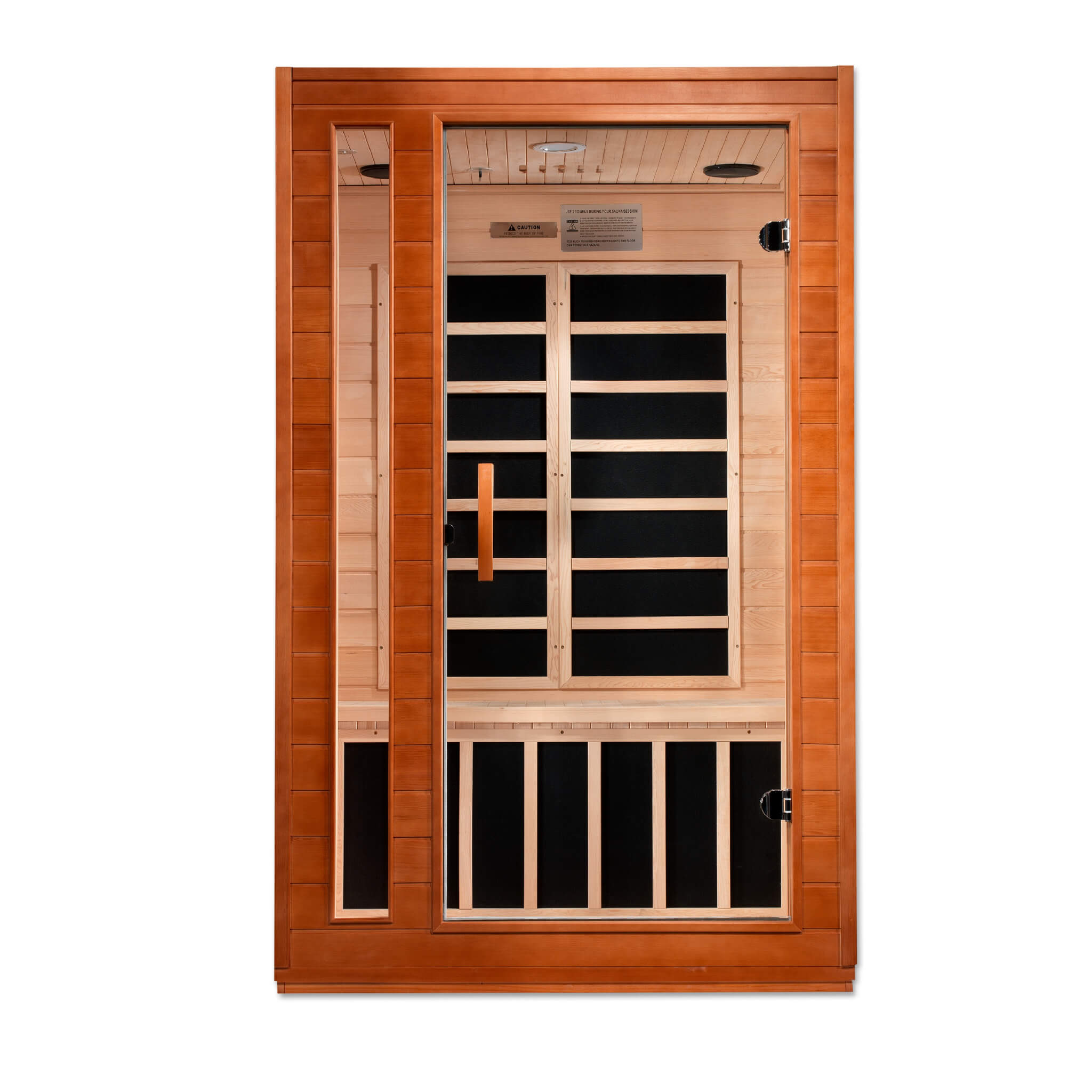 Dynamic Cordoba 2 Person Ultra Low EMF Far Infrared Sauna DYN-6203-01 Elite front view showing glass door and interior heating panels