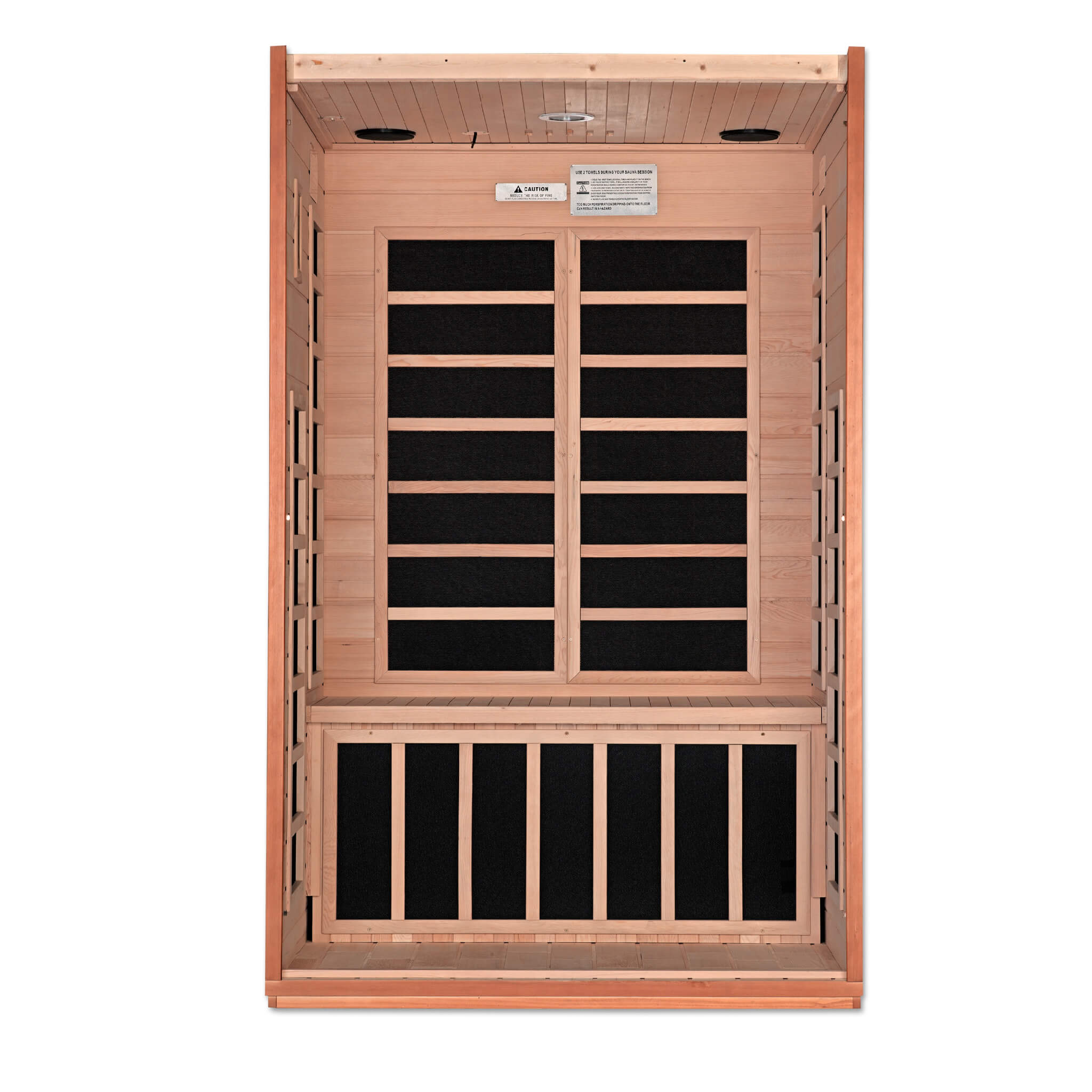 Dynamic Cordoba 2 Person Ultra Low EMF Far Infrared Sauna DYN-6203-01 Elite interior view showing bench, floor, and heating panel layout