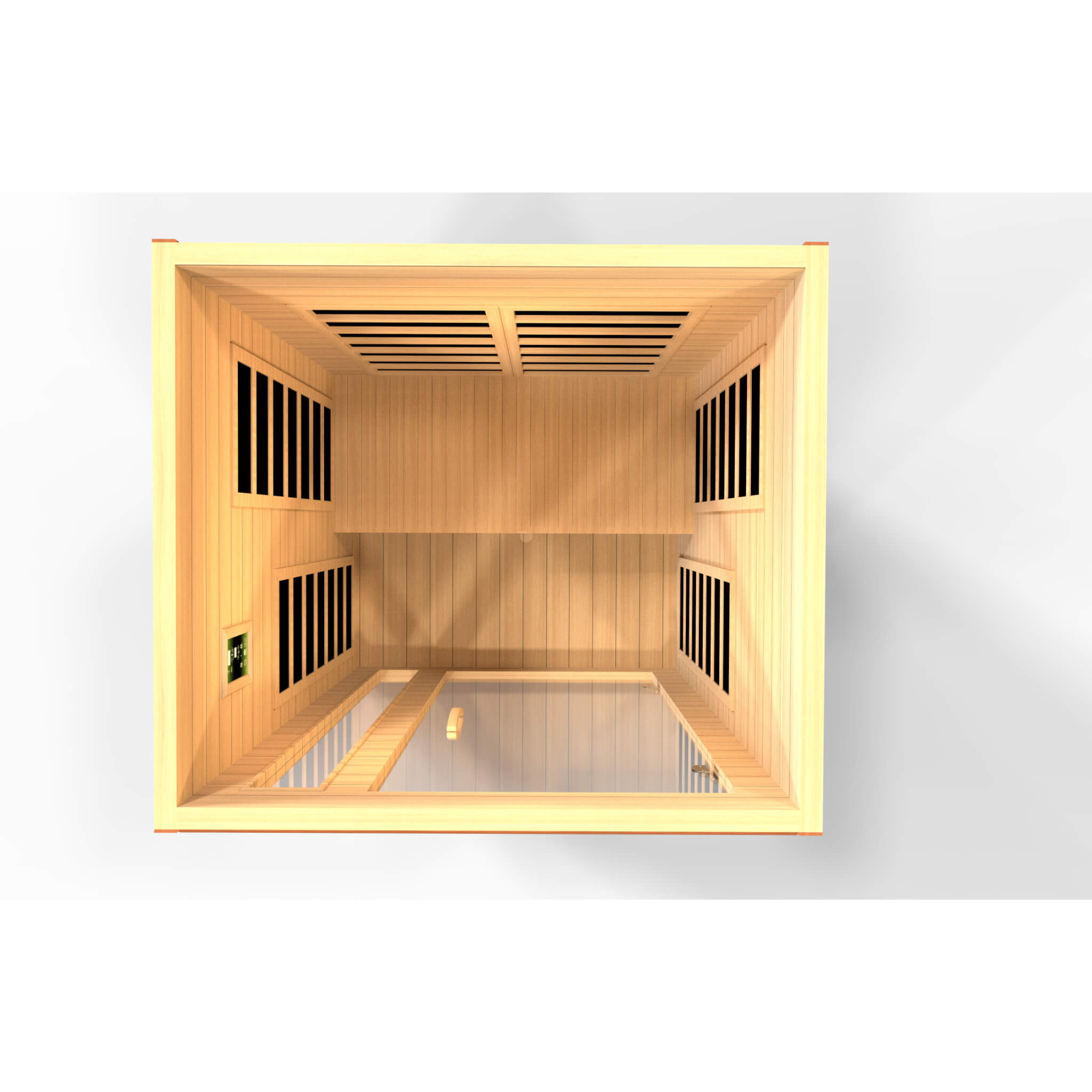 Dynamic Cordoba 2 Person Ultra Low EMF Far Infrared Sauna DYN-6203-01 Elite overhead interior view showing bench and heating panel layout