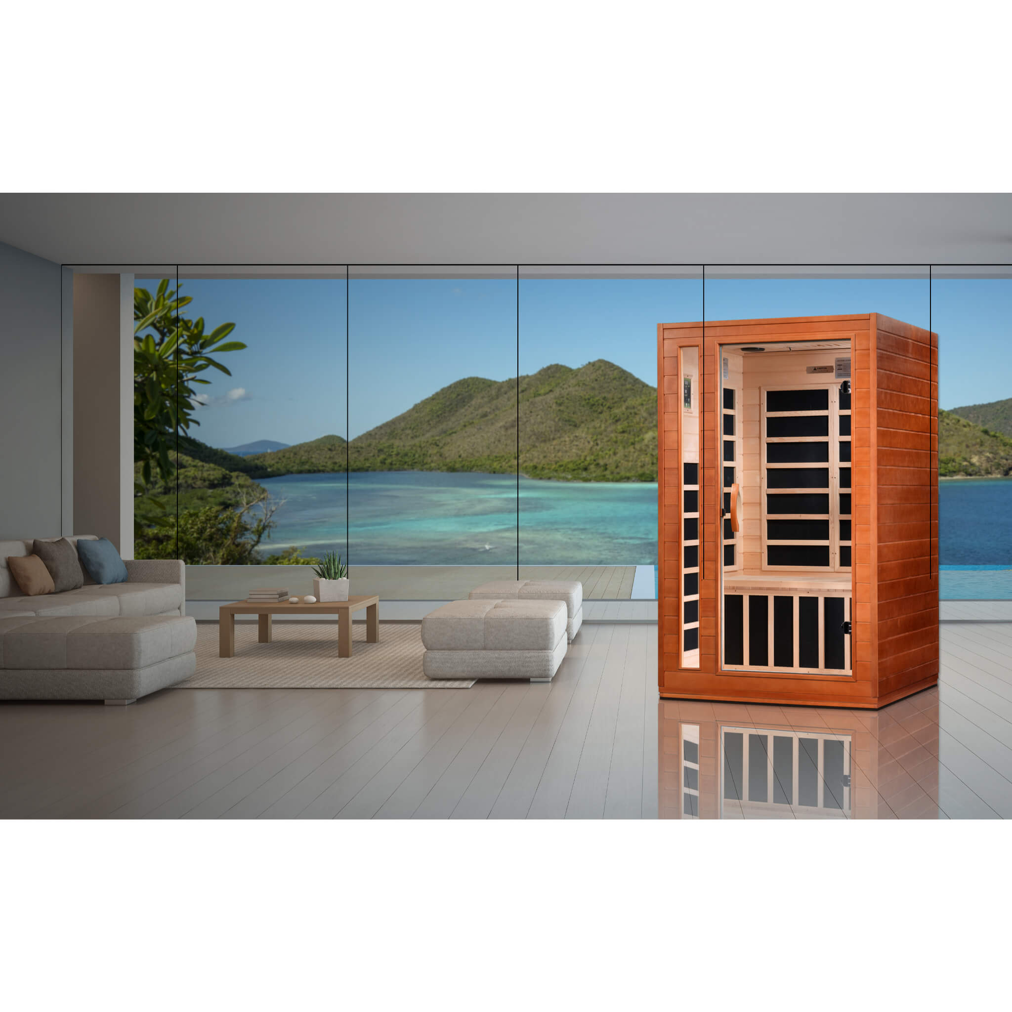 Dynamic Cordoba 2 Person Ultra Low EMF Far Infrared Sauna DYN-6203-01 Elite shown in a modern home lifestyle setting