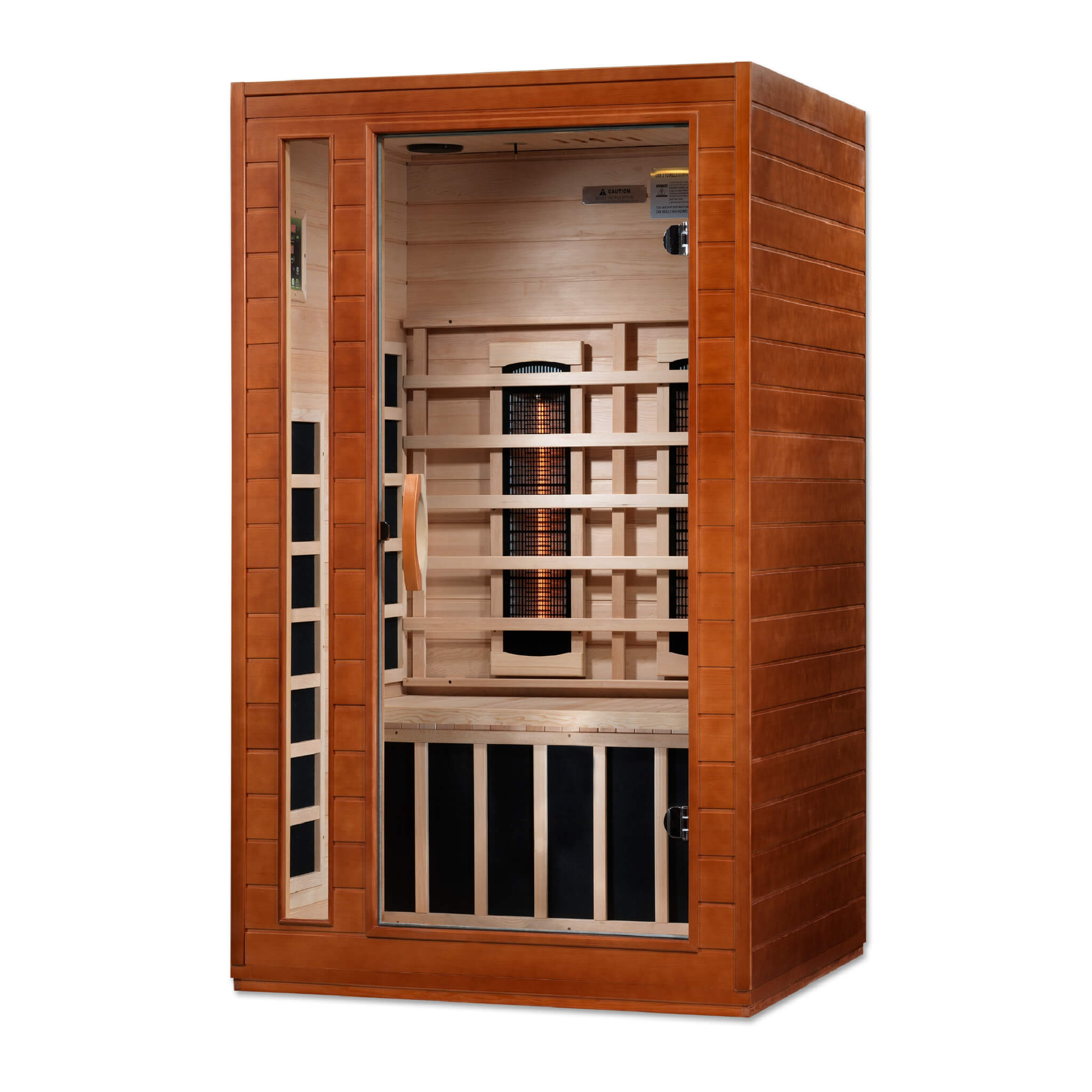 Front left angled view of the Dynamic Cordoba DYN-6203-02 FS 2-person Full Spectrum infrared sauna showing the tempered glass door and Canadian Hemlock exterior