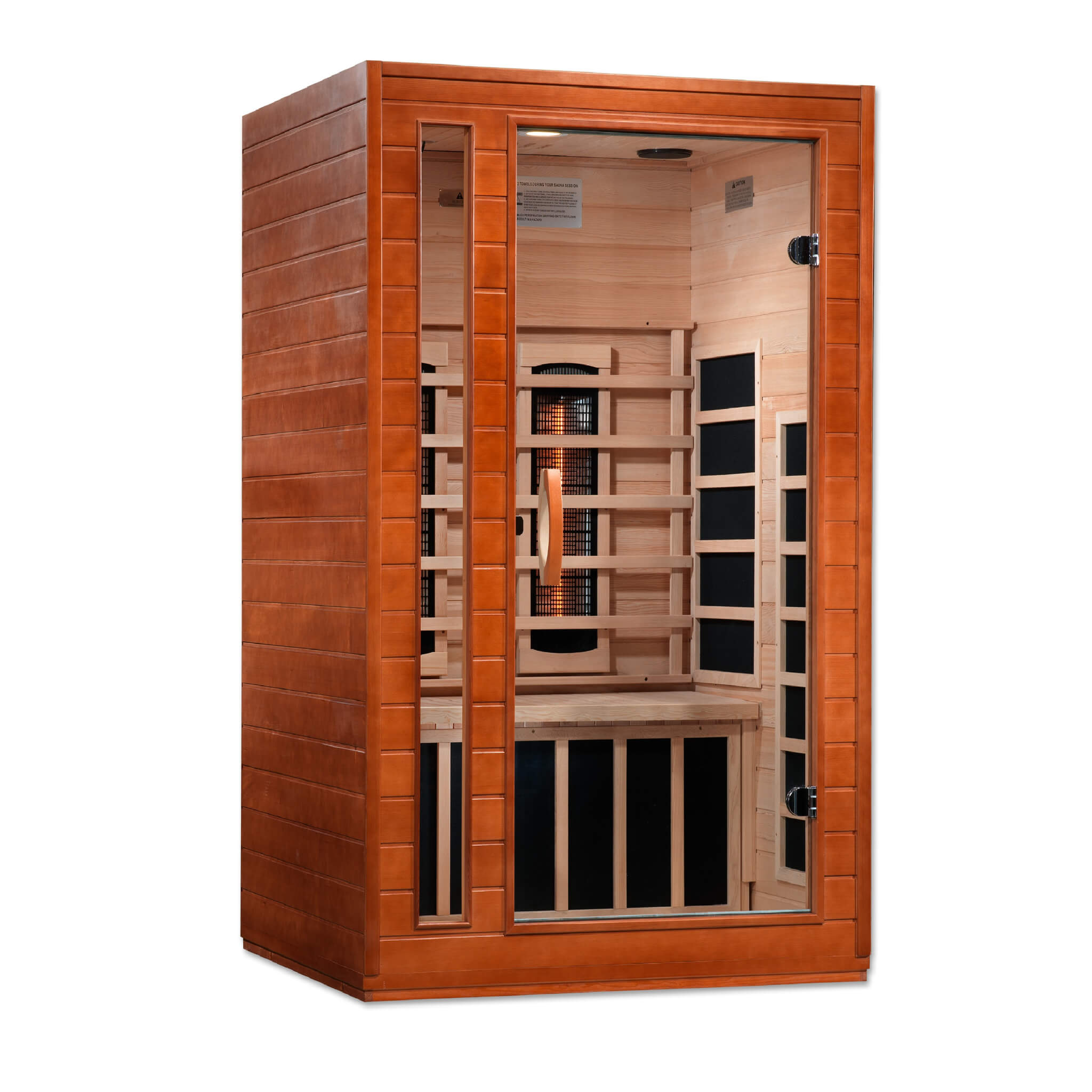 Front right angled view of the Dynamic Cordoba DYN-6203-02 FS 2-person Full Spectrum infrared sauna showing the side carbon heater panels and tempered glass door